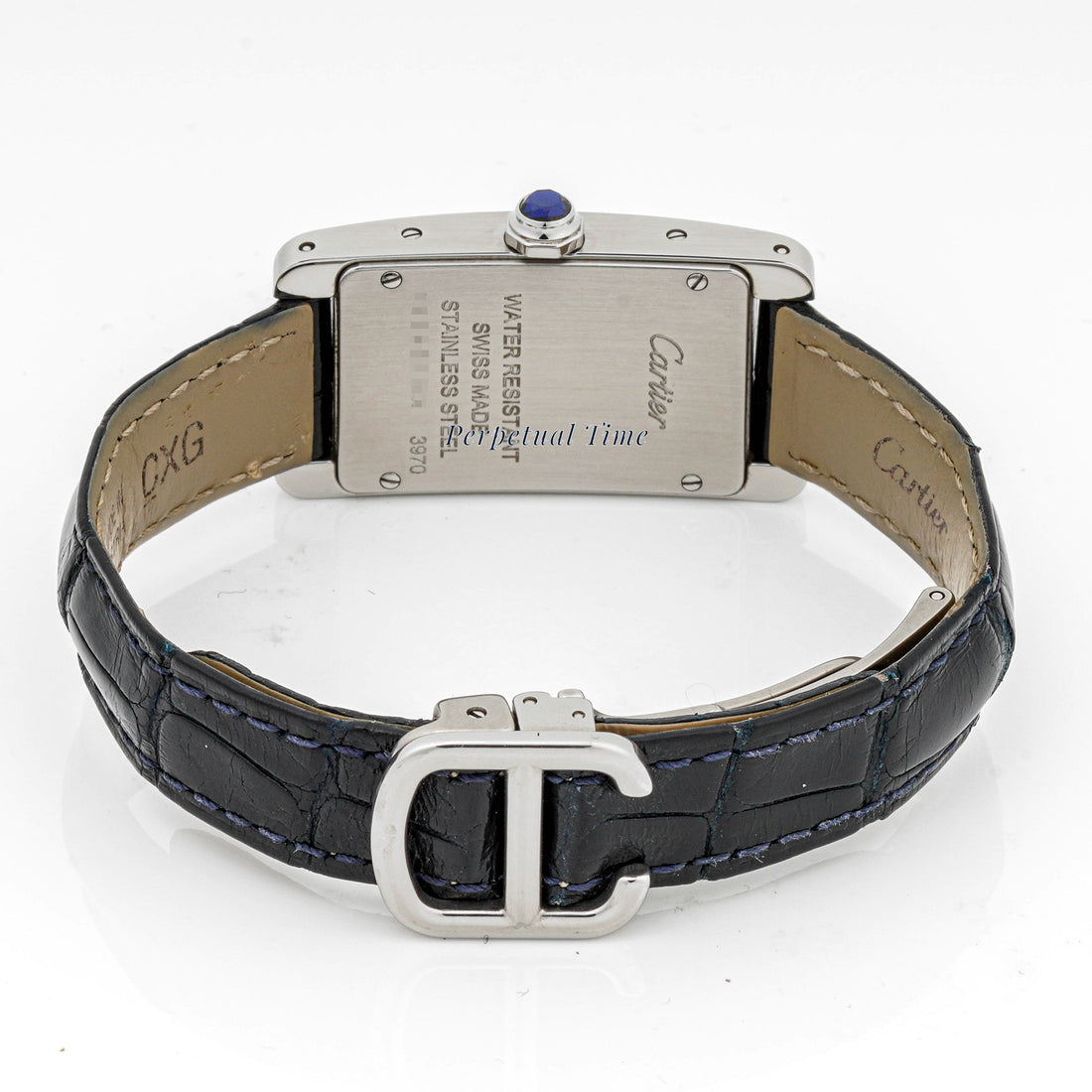 Cartier Tank Américaine Stainless Steel 3970 Silver Roman Dial Black Leather Strap w Deployment Buckle