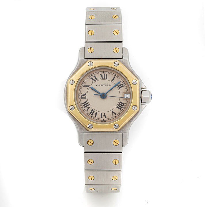 Cartier Santos Octagon 26 mm Stainless Steel & Yellow Gold 187903 Off-white  Dial | Roman Numerals hour markers, Smooth bezel