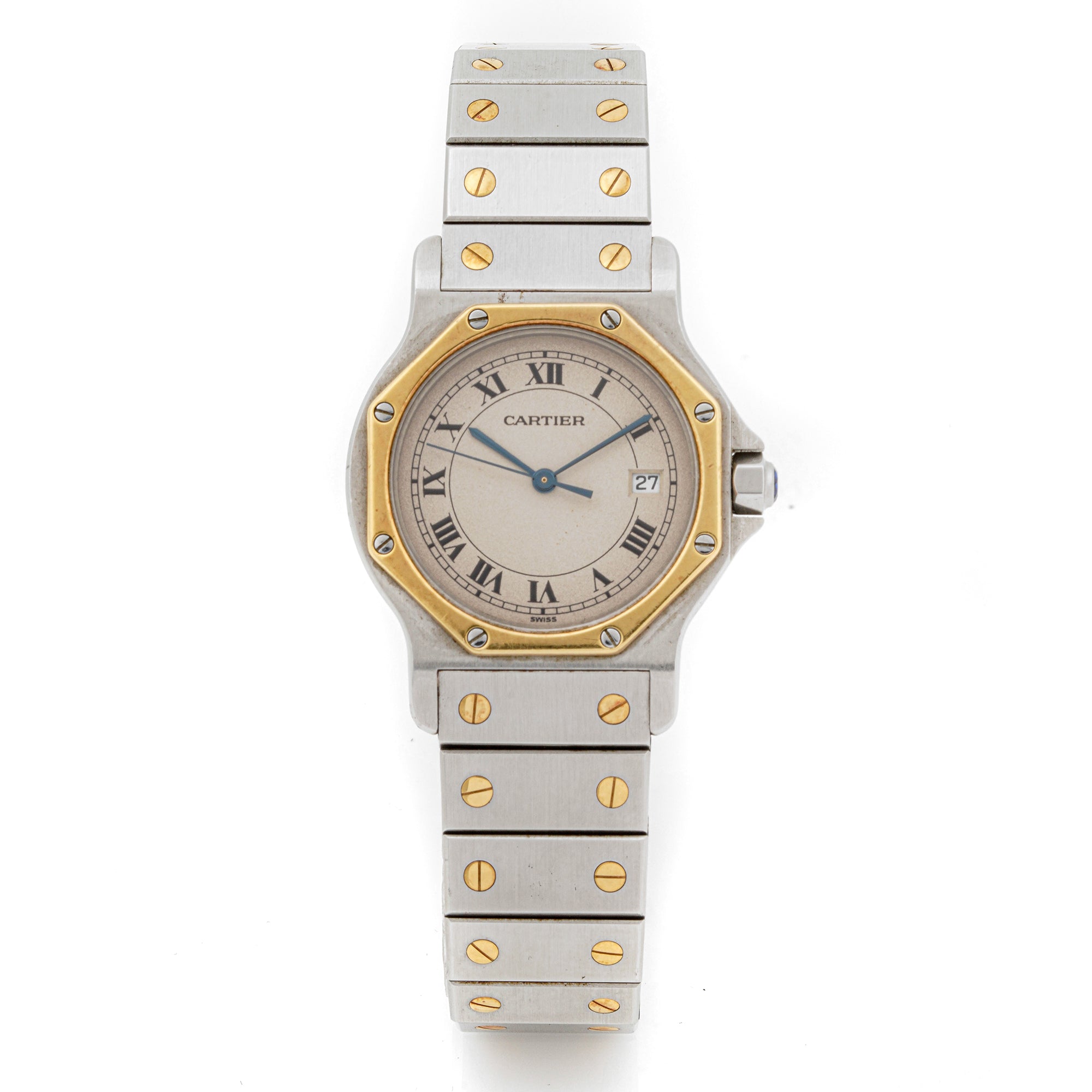 Cartier Santos Ronde 30 mm Stainless Steel & Yellow Gold 187902 Off-white  Dial | Roman Numerals hour markers, Smooth bezel