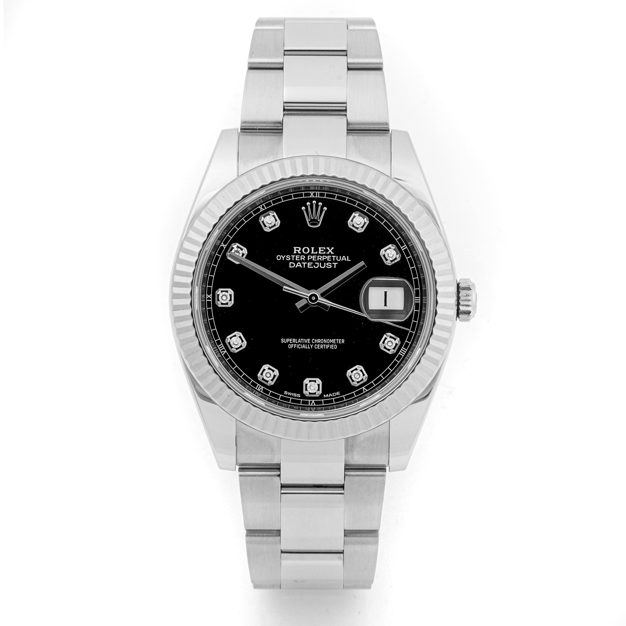 Rolex Datejust 41mm Stainless Steel & White Gold 126334 Black  Dial | Diamond hour markers, Fluted bezel