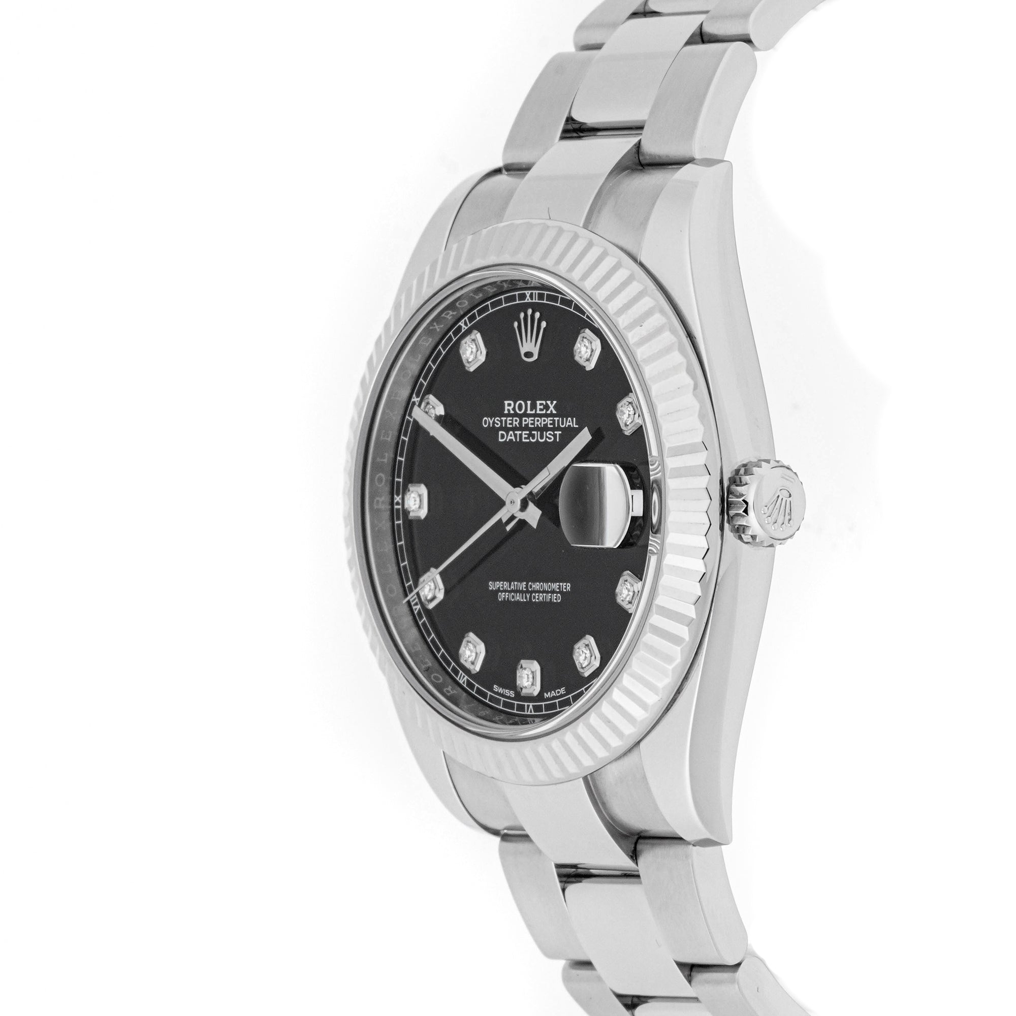 Rolex Datejust 41mm Stainless Steel & White Gold 126334 Black  Dial | Diamond hour markers, Fluted bezel