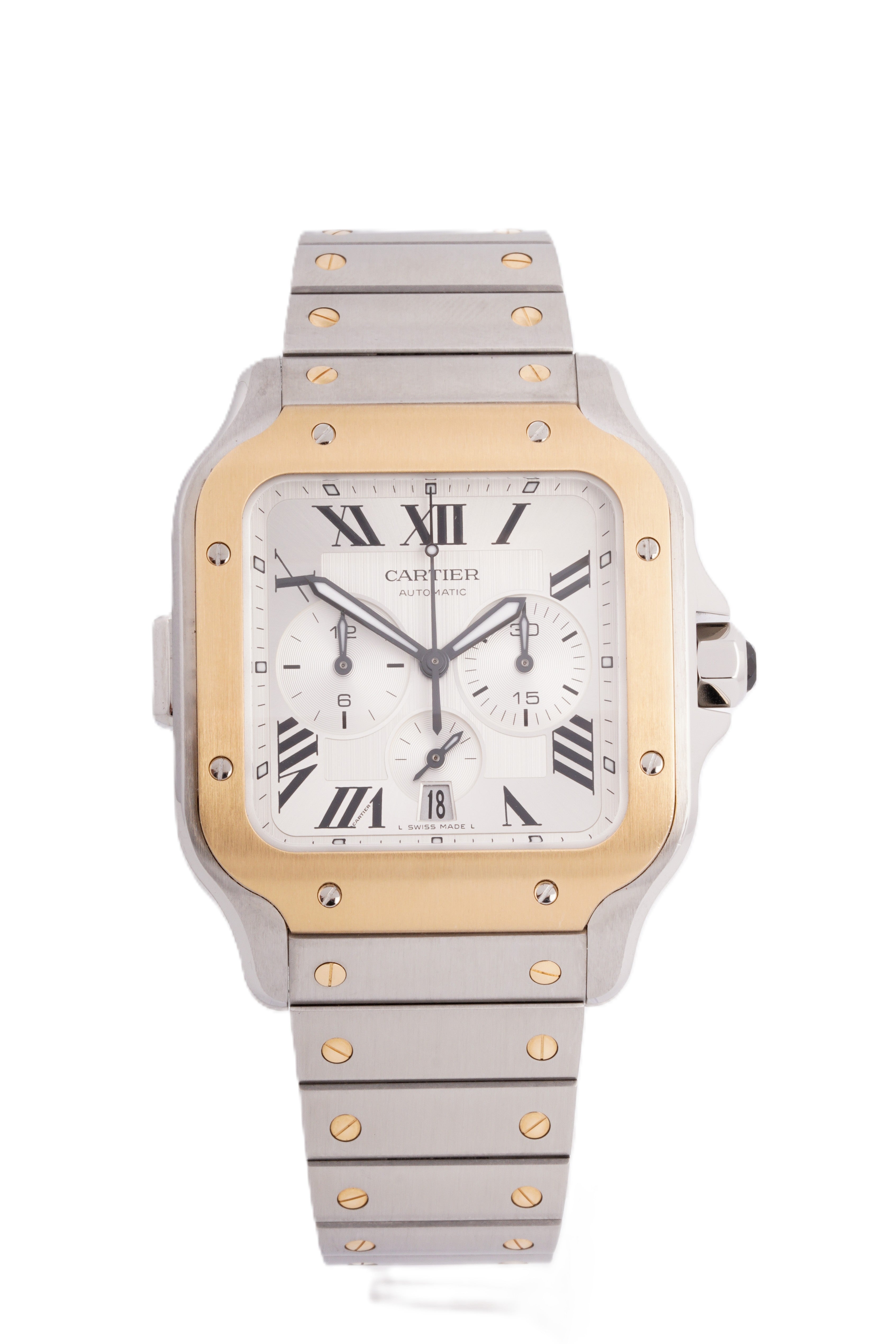 CARTIER SANTOS STAINLESS STEEL & YELLOW GOLD 45MM| WHITE ROMAN DIAL| CHRONO| STEEL & YELLOW GOLD BAND|