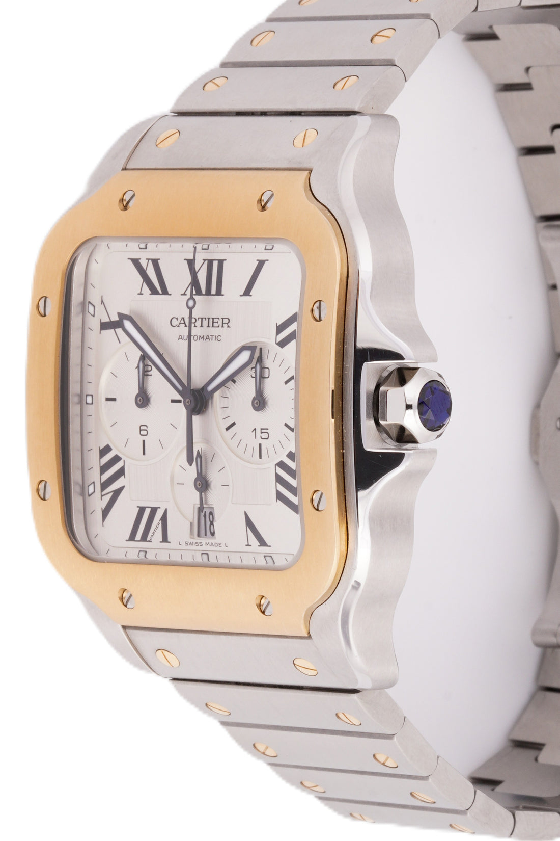 CARTIER SANTOS STAINLESS STEEL & YELLOW GOLD 45MM| WHITE ROMAN DIAL| CHRONO| STEEL & YELLOW GOLD BAND|