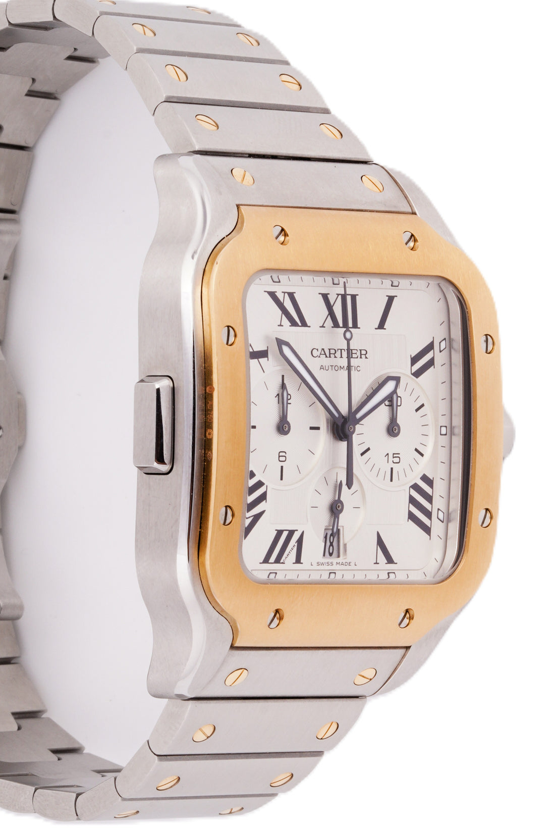 CARTIER SANTOS STAINLESS STEEL & YELLOW GOLD 45MM| WHITE ROMAN DIAL| CHRONO| STEEL & YELLOW GOLD BAND|