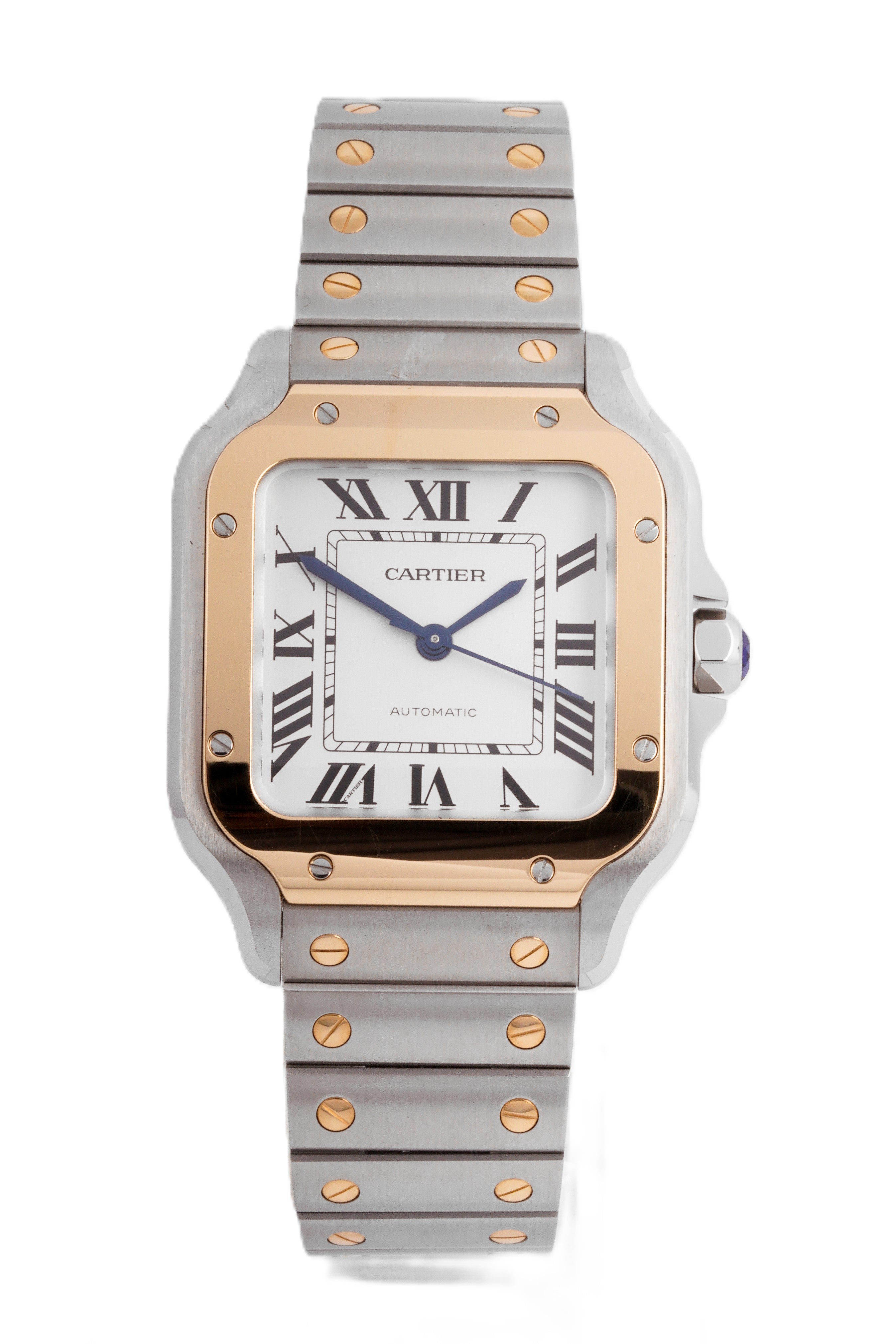 CARTIER SANTOS STAINLESS STEEL & YELLOW GOLD 35MM| WHITE ROMAN DIAL| STEEL & YELLOW GOLD BAND|