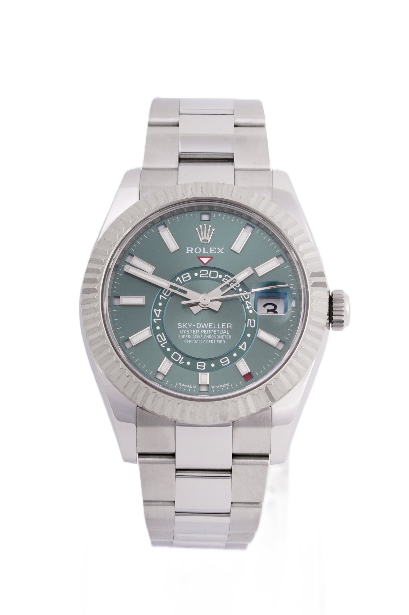 ROLEX SKYDWELLER 42MM STAINLESS STEEL 326934| GREEN DIAL| FLUTED BEZEL| OYSTER BAND