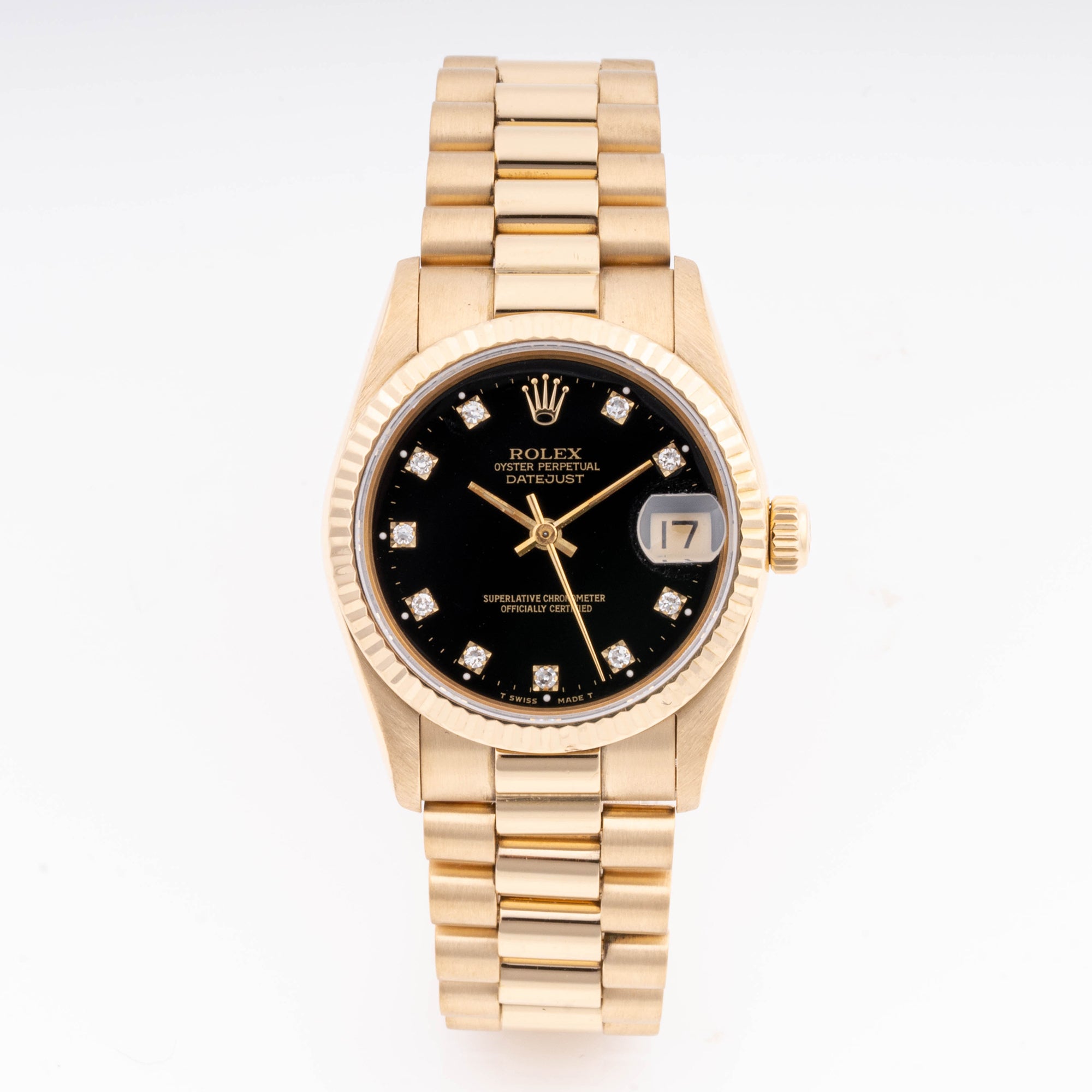 Rolex Datejust 31mm Yellow Gold 68278 Black Dial | Diamond hour markers| Fluted bezel