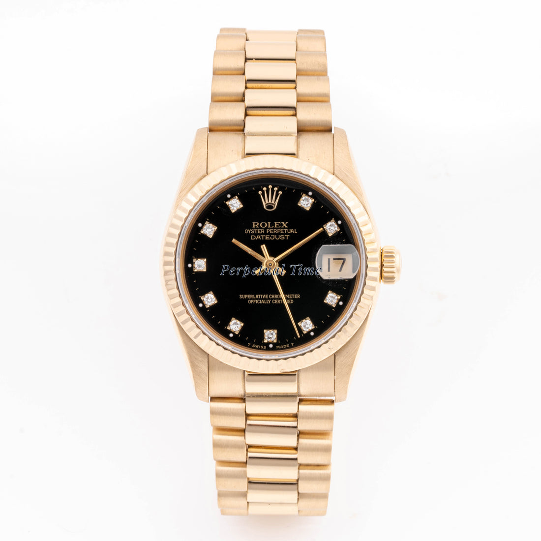 Rolex Datejust 31mm Yellow Gold 68278 Black Dial | Diamond hour markers| Fluted bezel
