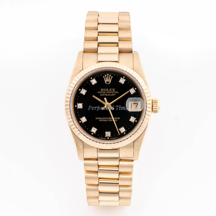 Rolex Datejust 31mm Yellow Gold 68278 Black Dial | Diamond hour markers| Fluted bezel