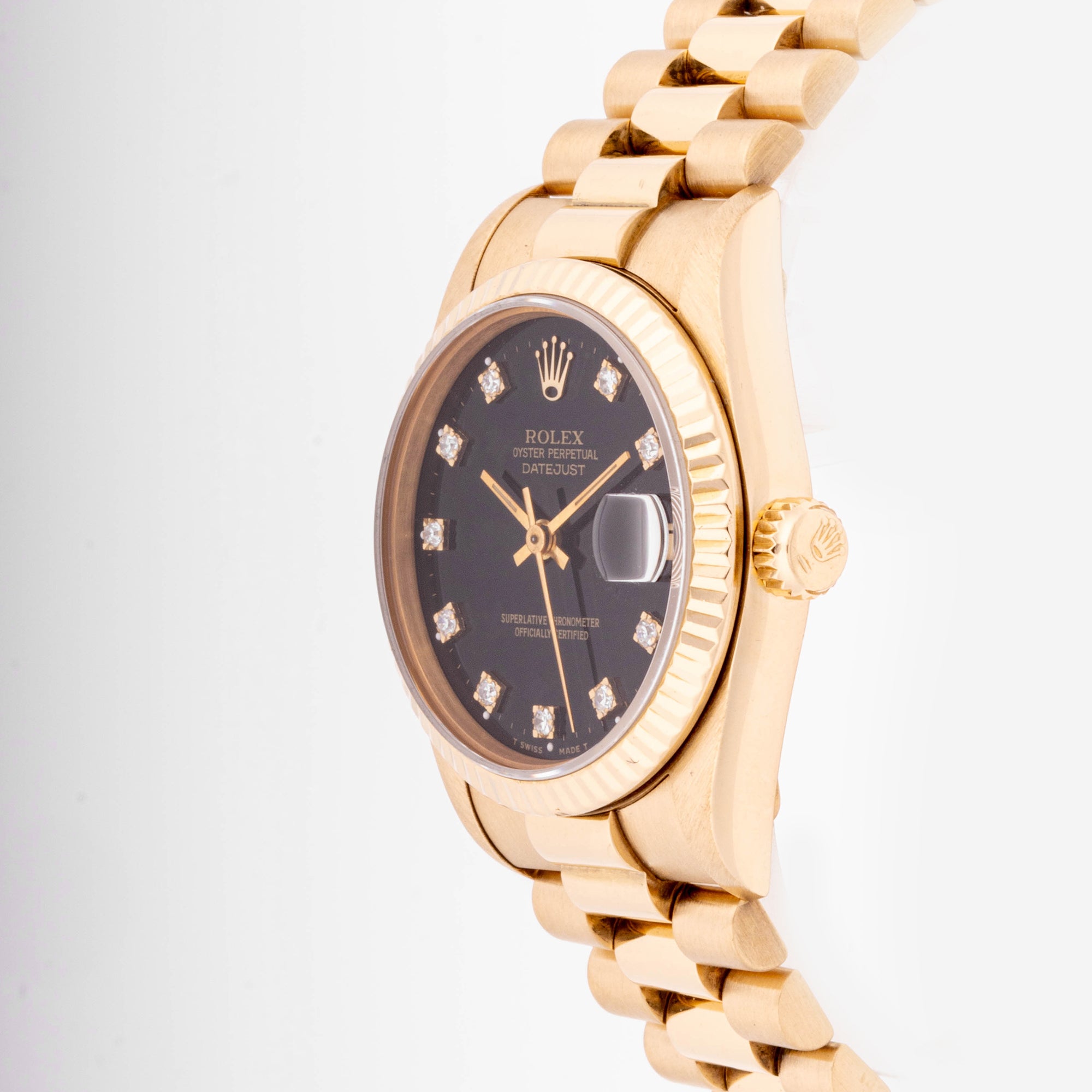 Rolex Datejust 31mm Yellow Gold 68278 Black Dial | Diamond hour markers| Fluted bezel