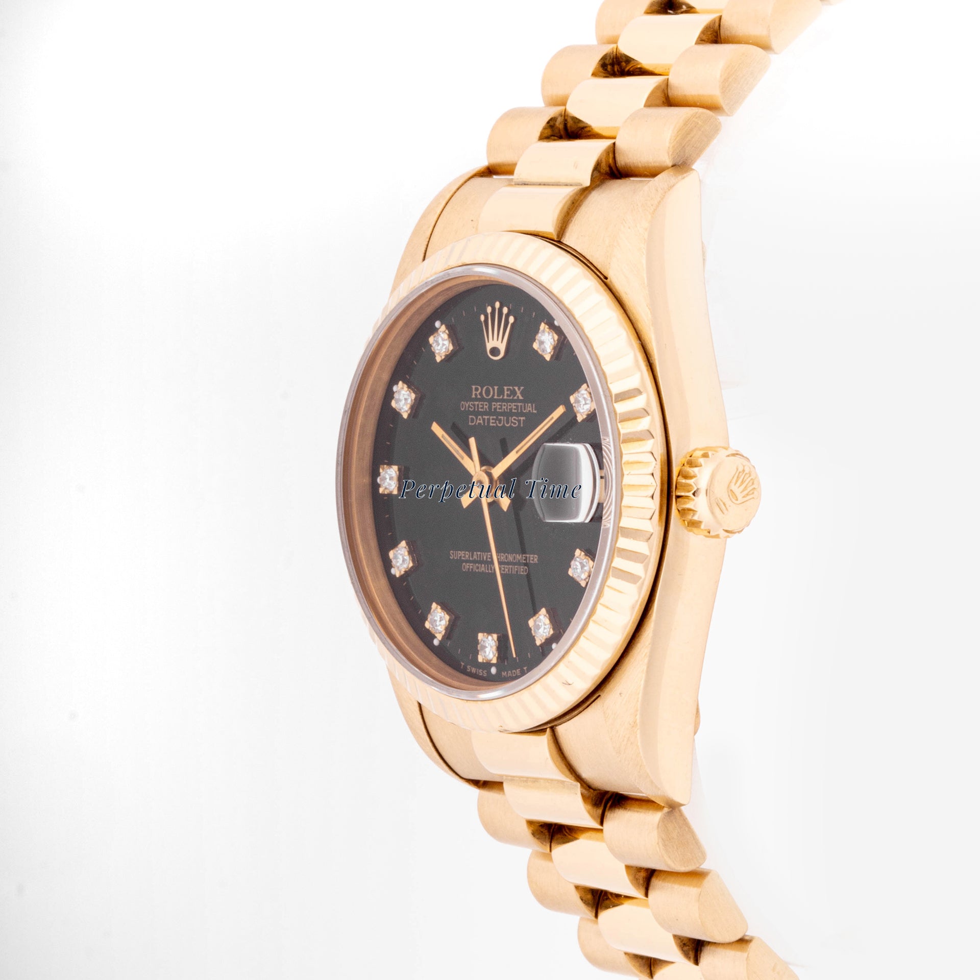 Rolex Datejust 31mm Yellow Gold 68278 Black Dial | Diamond hour markers| Fluted bezel