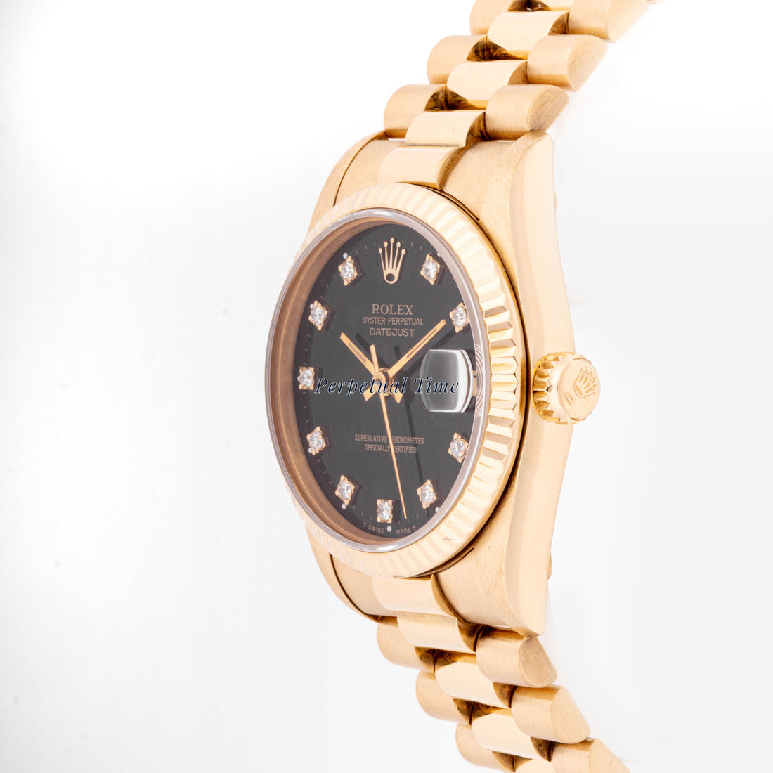 Rolex Datejust 31mm Yellow Gold 68278 Black Dial | Diamond hour markers| Fluted bezel