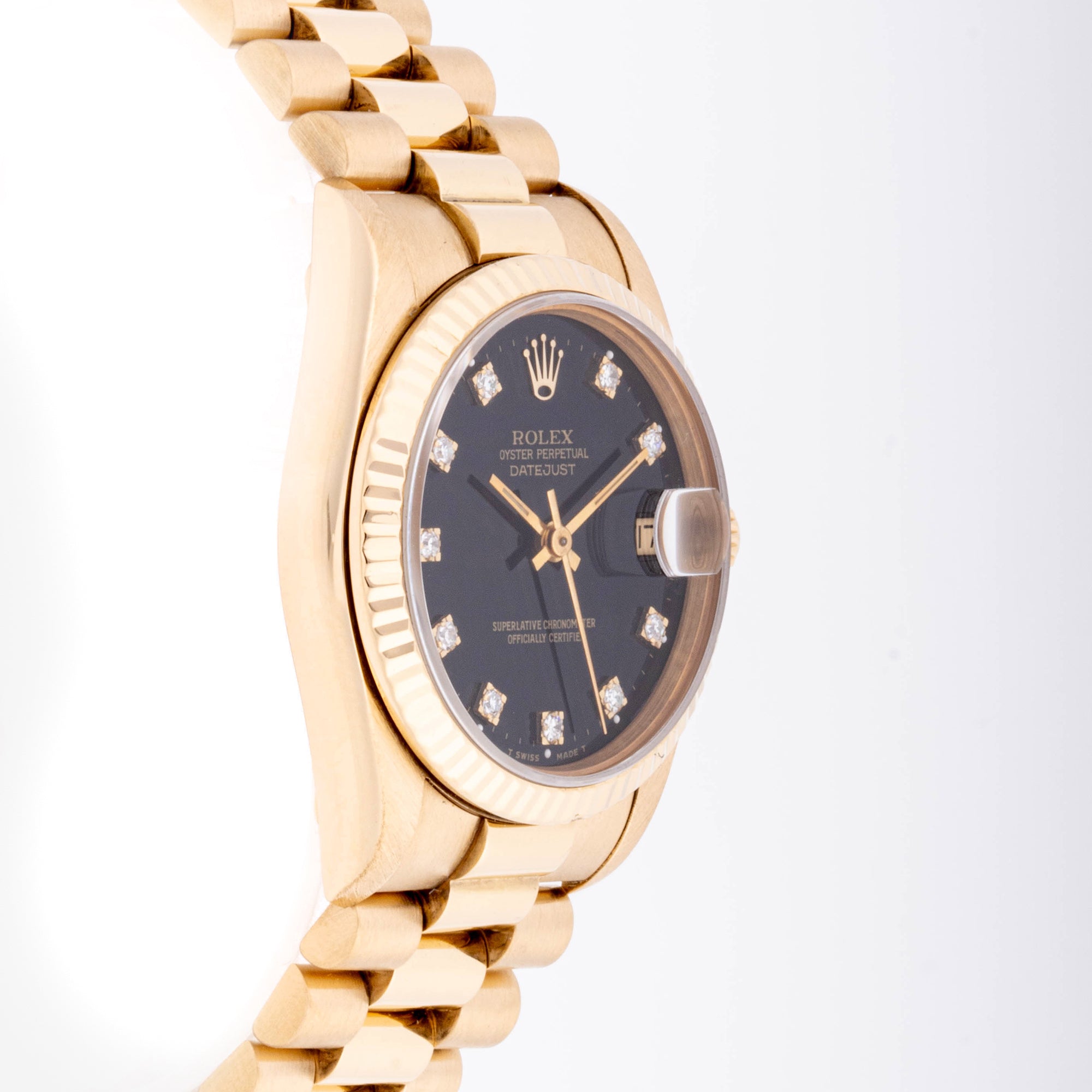 Rolex Datejust 31mm Yellow Gold 68278 Black Dial | Diamond hour markers| Fluted bezel