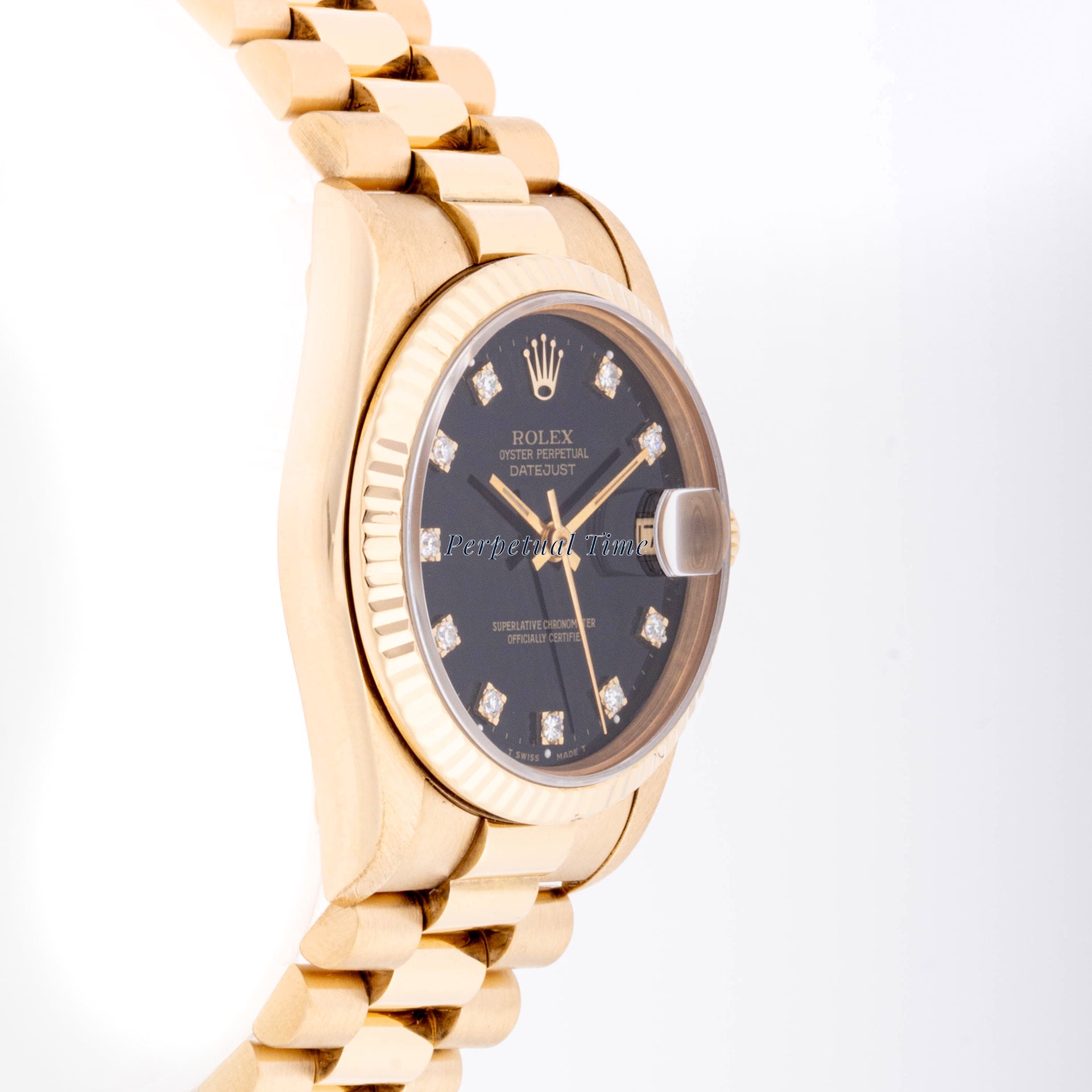 Rolex Datejust 31mm Yellow Gold 68278 Black Dial | Diamond hour markers| Fluted bezel