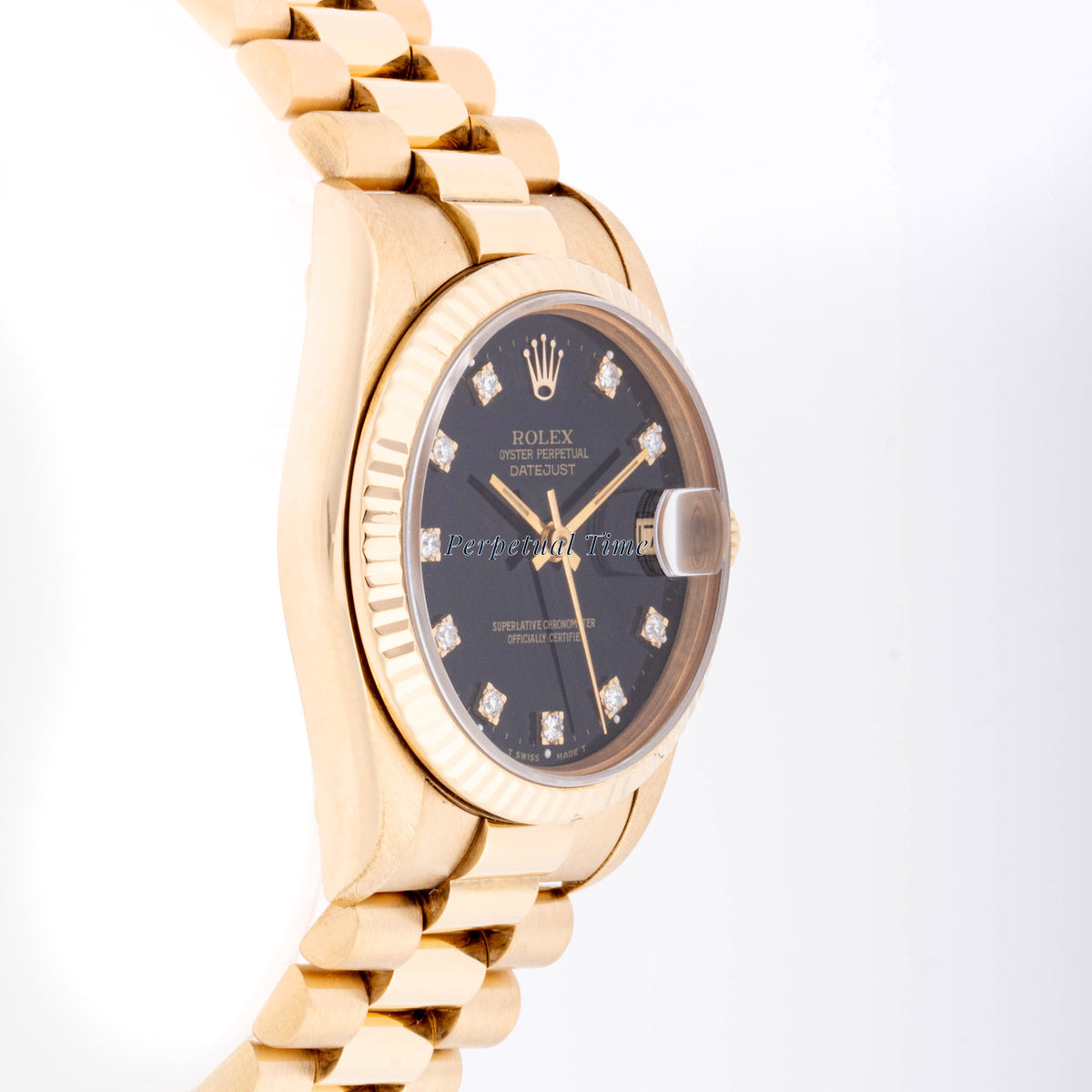 Rolex Datejust 31mm Yellow Gold 68278 Black Dial | Diamond hour markers| Fluted bezel