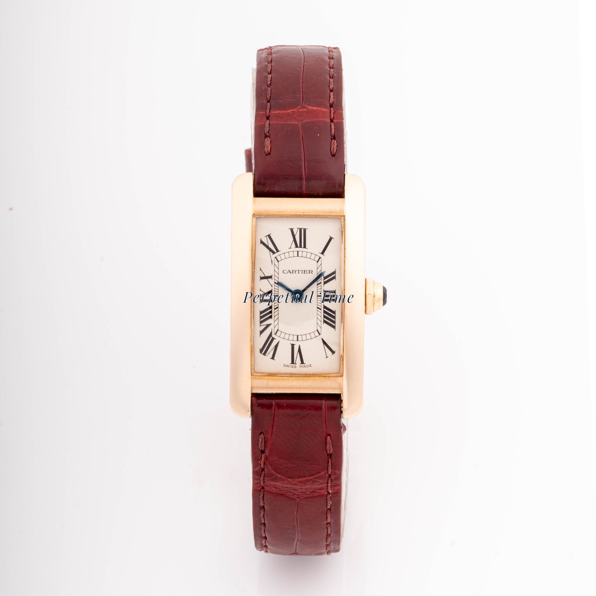 Cartier Tank Americaine Silver Roman Dial on Brown Leather Strap band W2601556