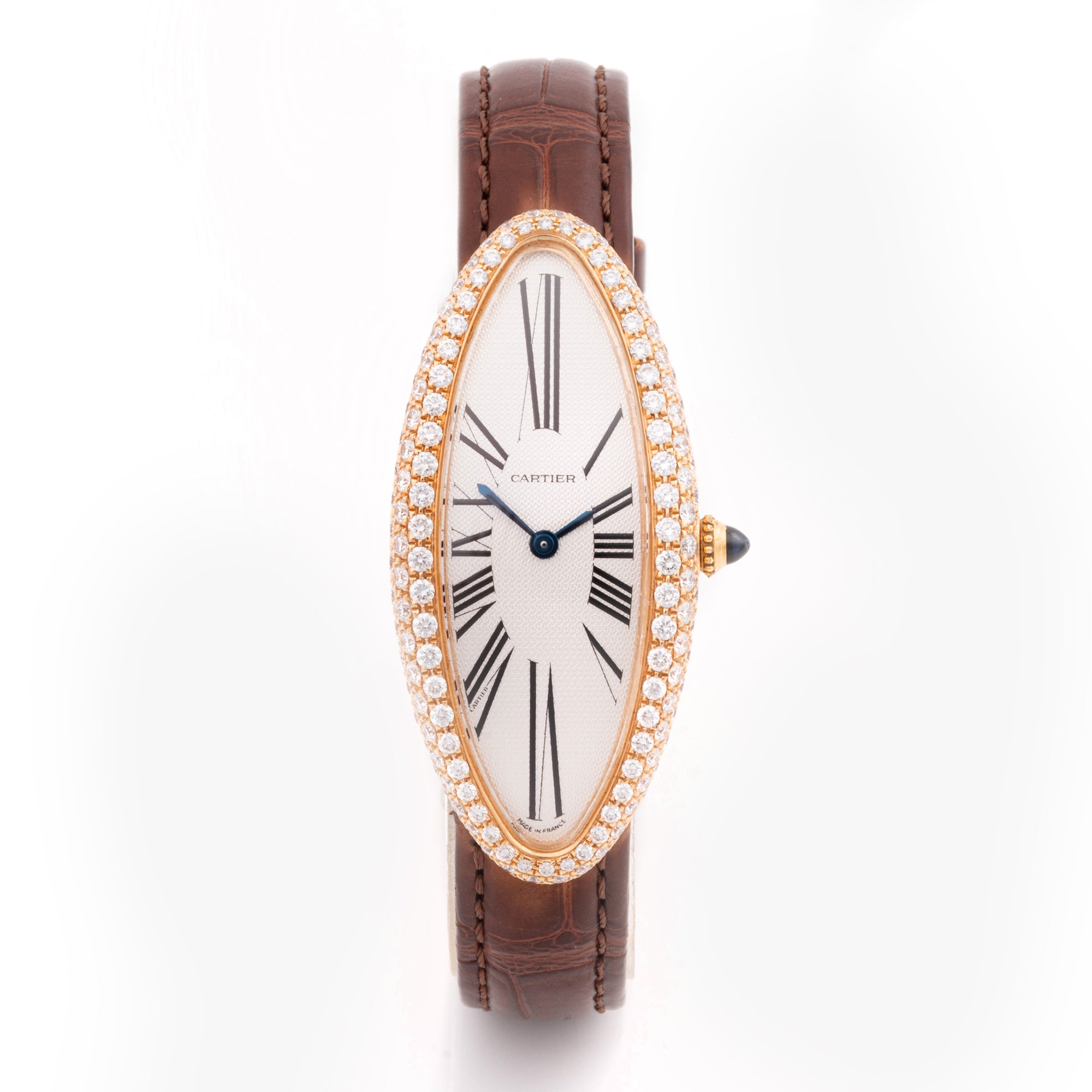 Cartier Baignoire Allongée 21 mm x 47 mm Rose Gold 2606 Silver  Dial | Roman Numerals hour markers, Diamond bezel