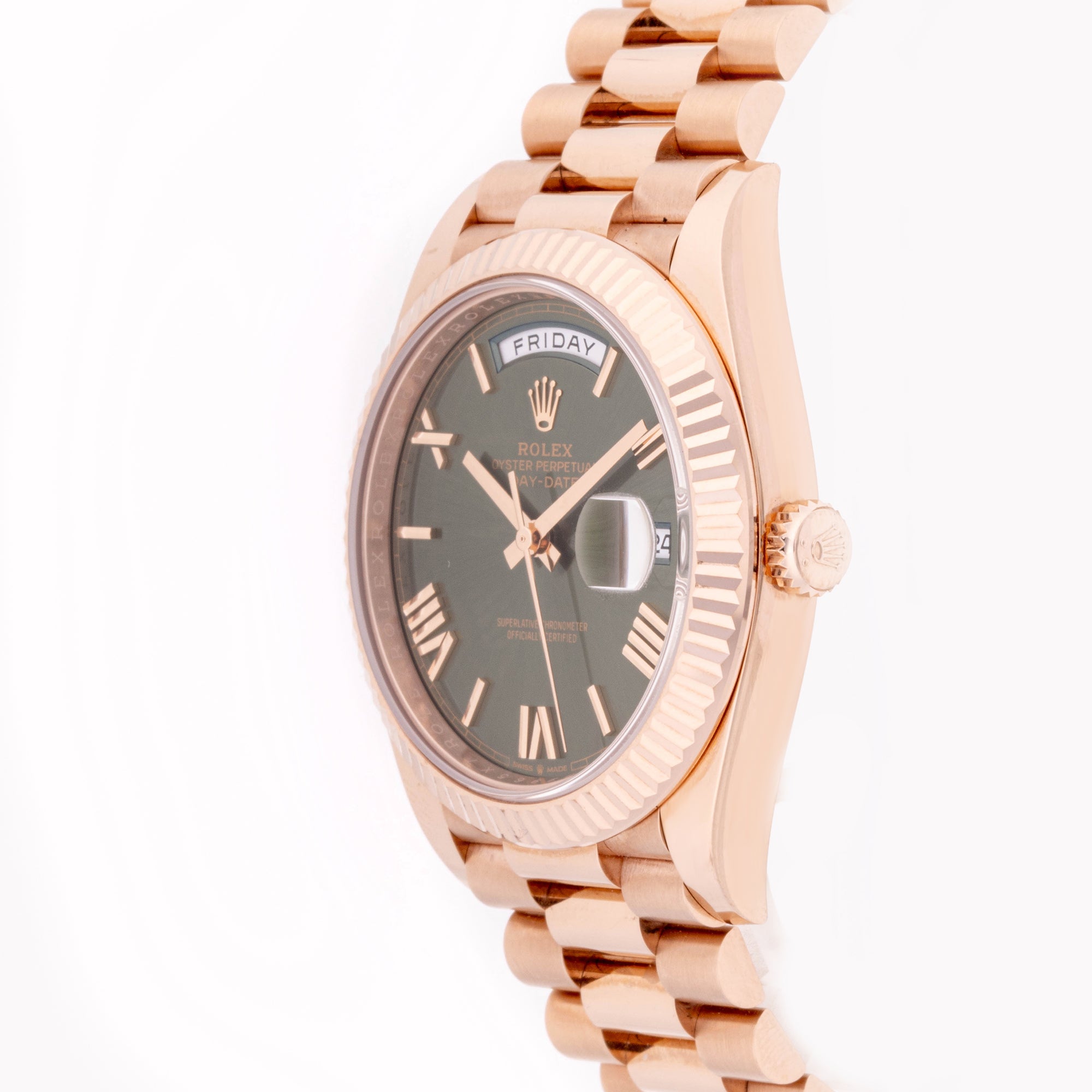 Rolex Day-Date 40mm Rose Gold 228235 Green  Dial | Roman Numerals hour markers, Fluted bezel