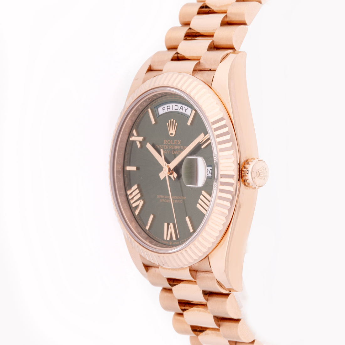 Rolex Day-Date 40mm Rose Gold 228235 Green  Dial | Roman Numerals hour markers, Fluted bezel