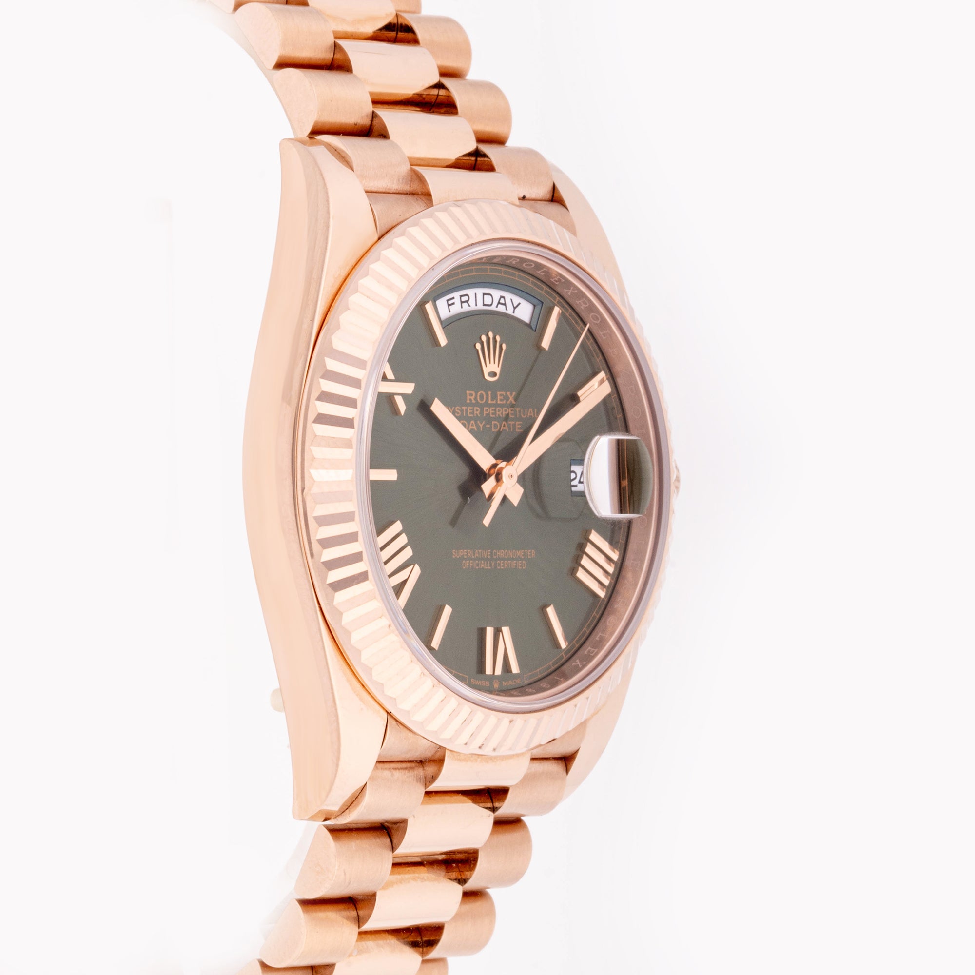 Rolex Day-Date 40mm Rose Gold 228235 Green  Dial | Roman Numerals hour markers, Fluted bezel