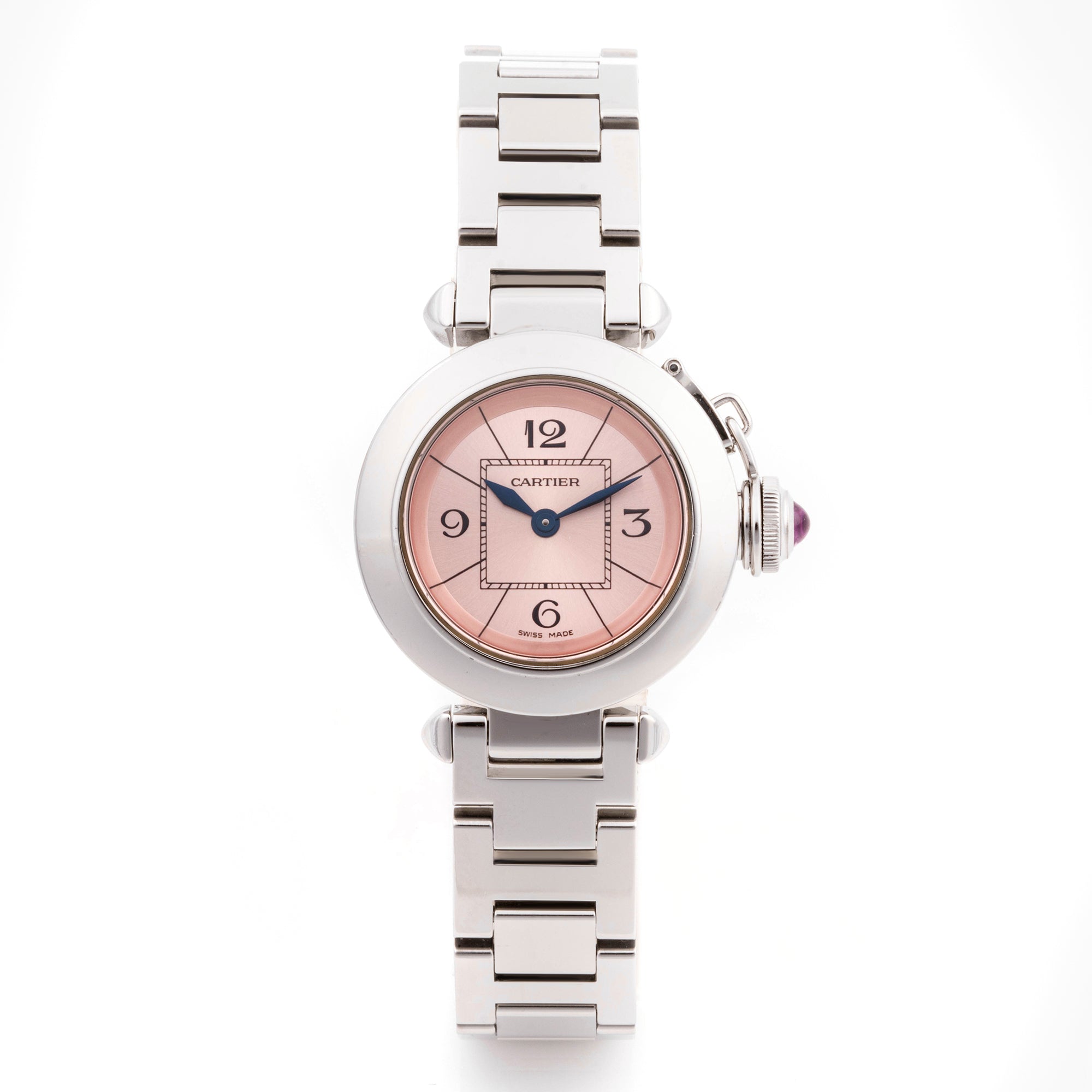 Cartier Pasha 27 mm Stainless Steel 2973 Pink  Dial | Arabic Numerals hour markers, Smooth bezel
