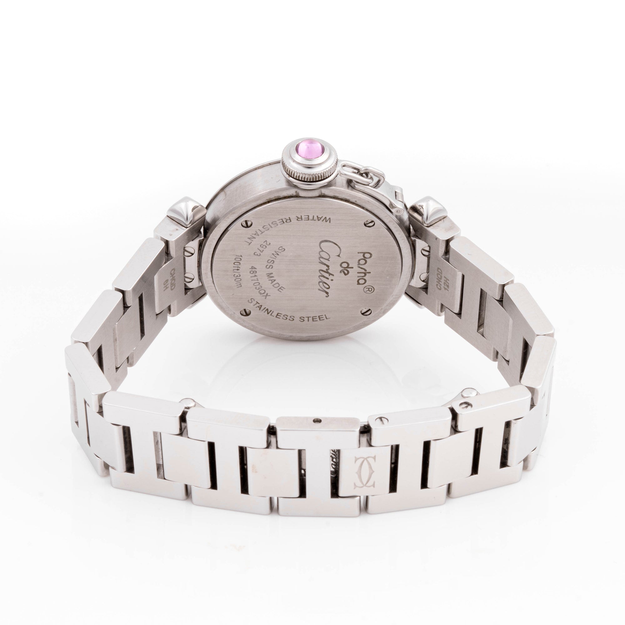 Cartier Pasha 27 mm Stainless Steel 2973 Pink  Dial | Arabic Numerals hour markers, Smooth bezel