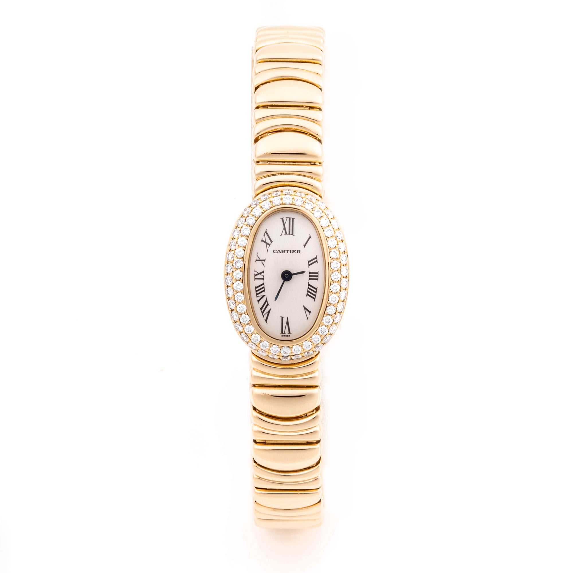 Cartier Baignoire Mini 18mm Yellow Gold 2368 White  Dial | Roman Numerals hour markers, Diamond bezel