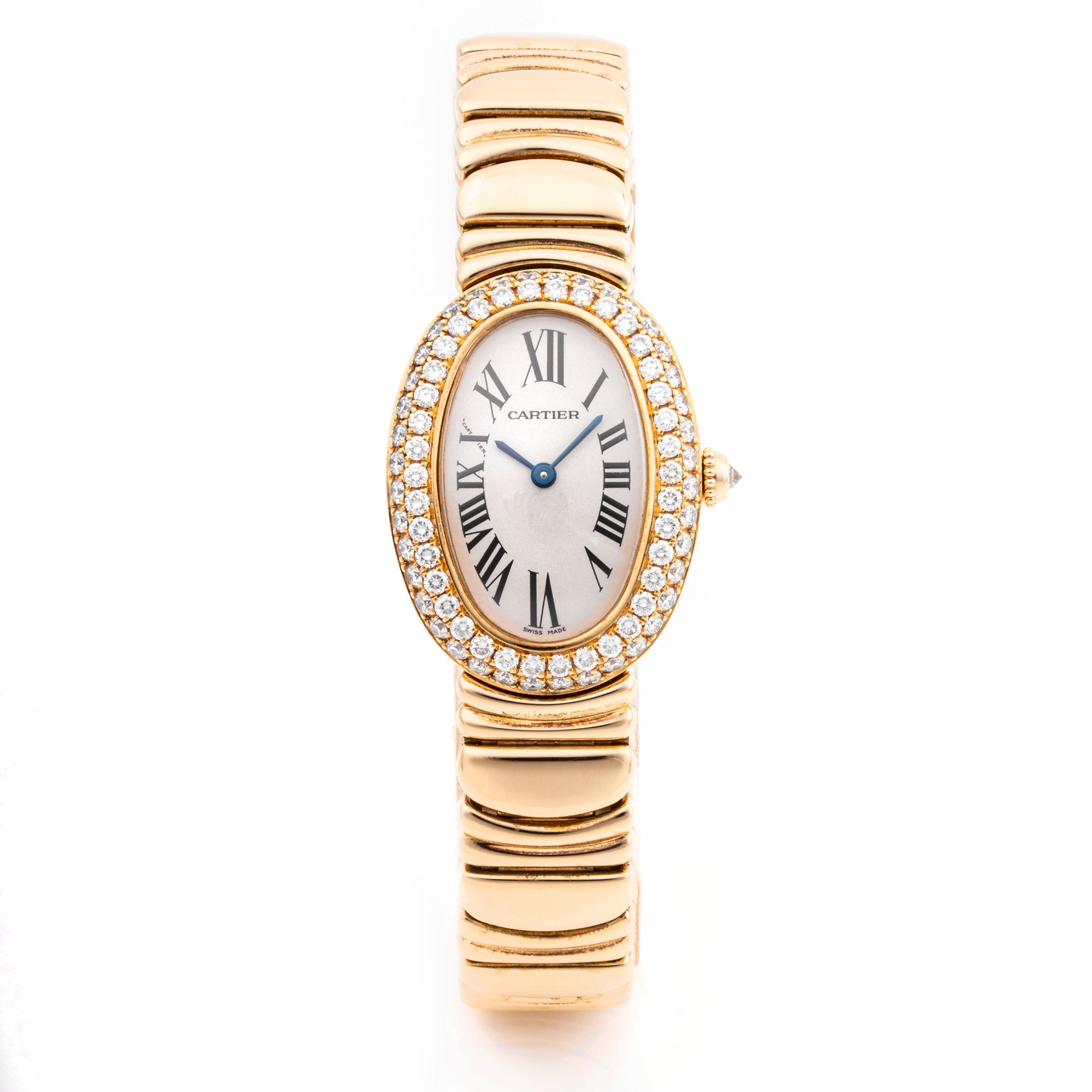 Cartier Baignoire 22.5 x 31 mm Yellow Gold 1954 Silver  Dial | Roman Numerals hour markers, Diamond bezel