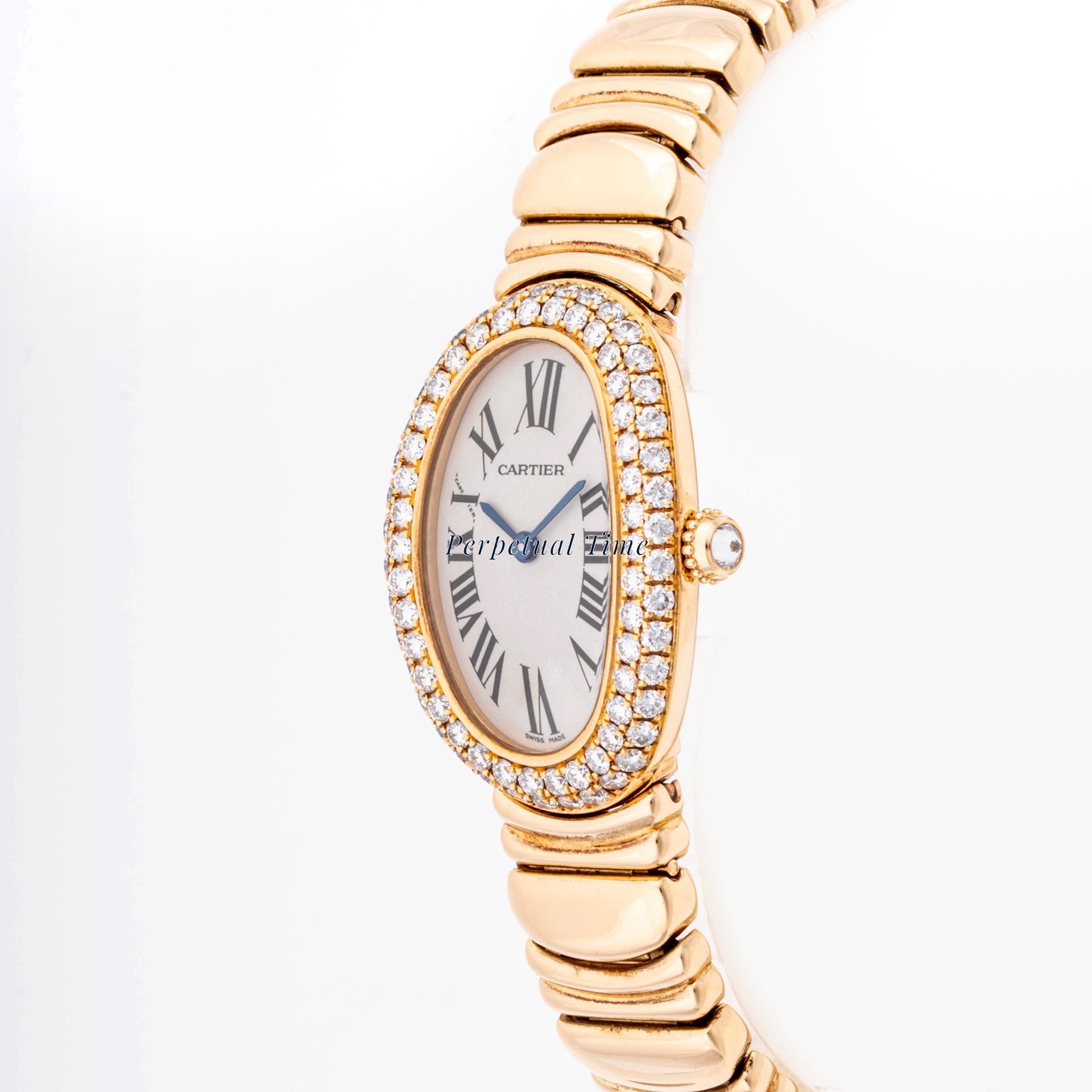 Cartier Baignoire 22.5 x 31 mm Yellow Gold 1954 Silver  Dial | Roman Numerals hour markers, Diamond bezel
