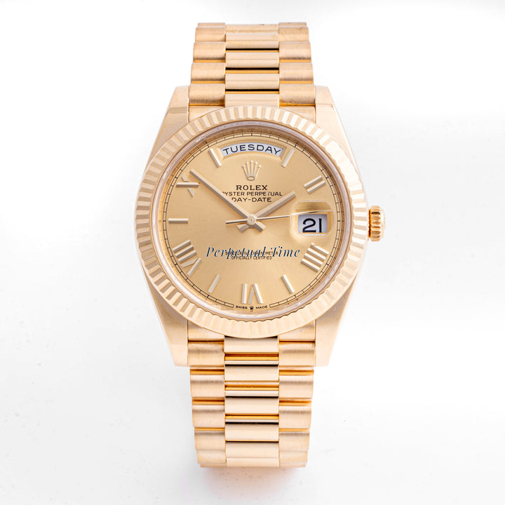 Rolex Day-Date 40mm Yellow Gold 228238 Champagne  Dial | Roman Numerals hour markers, Fluted bezel