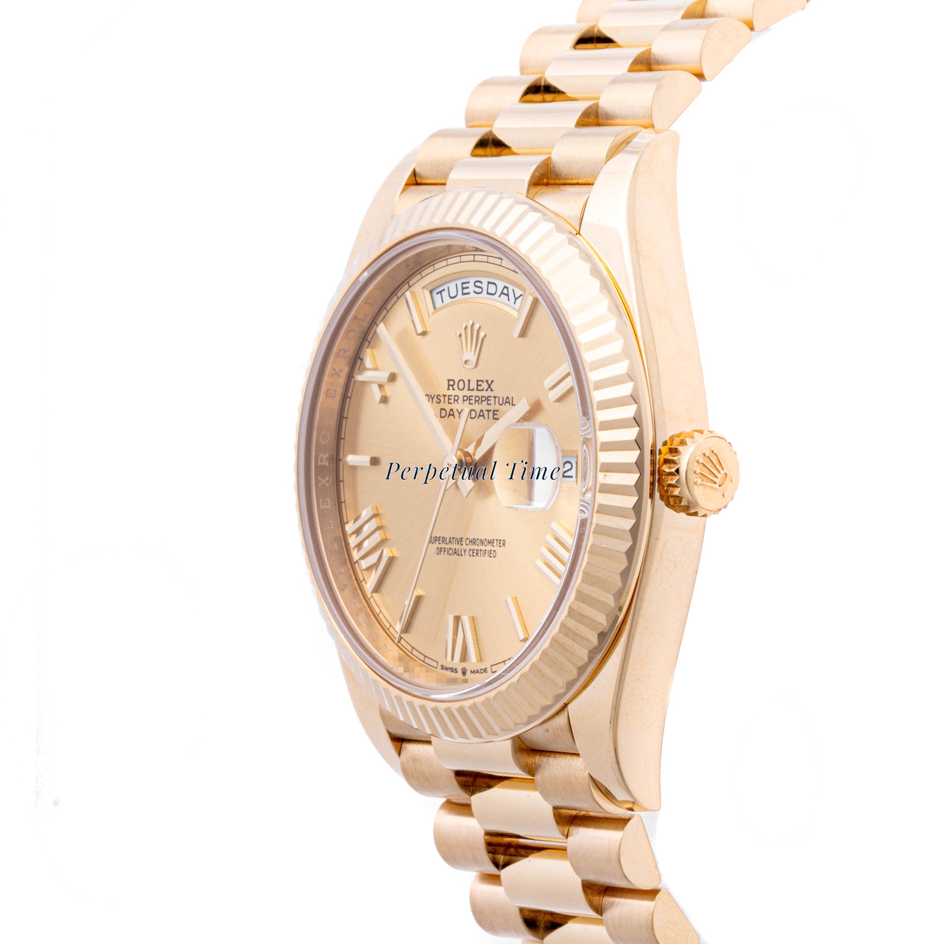 Rolex Day-Date 40mm Yellow Gold 228238 Champagne  Dial | Roman Numerals hour markers, Fluted bezel