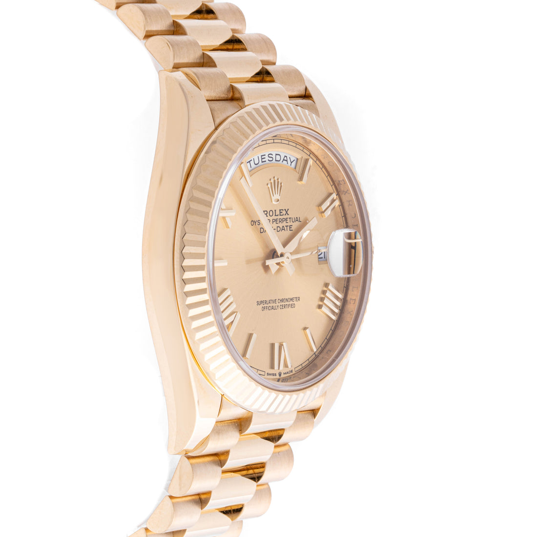 Rolex Day-Date 40mm Yellow Gold 228238 Champagne  Dial | Roman Numerals hour markers, Fluted bezel