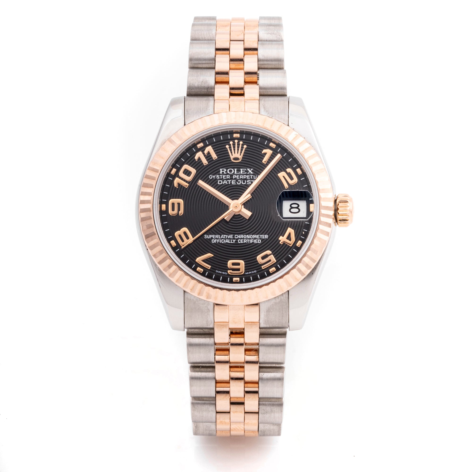 Rolex Datejust 31 mm Rose Gold & Stainless Steel 178271 Black Concentric Dial | Roman Numerals hour markers, Fluted bezel