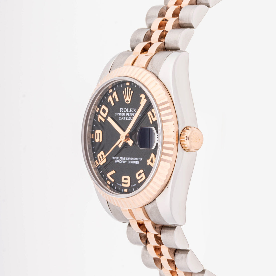 Rolex Datejust 31 mm Rose Gold & Stainless Steel 178271 Black Concentric Dial | Roman Numerals hour markers, Fluted bezel