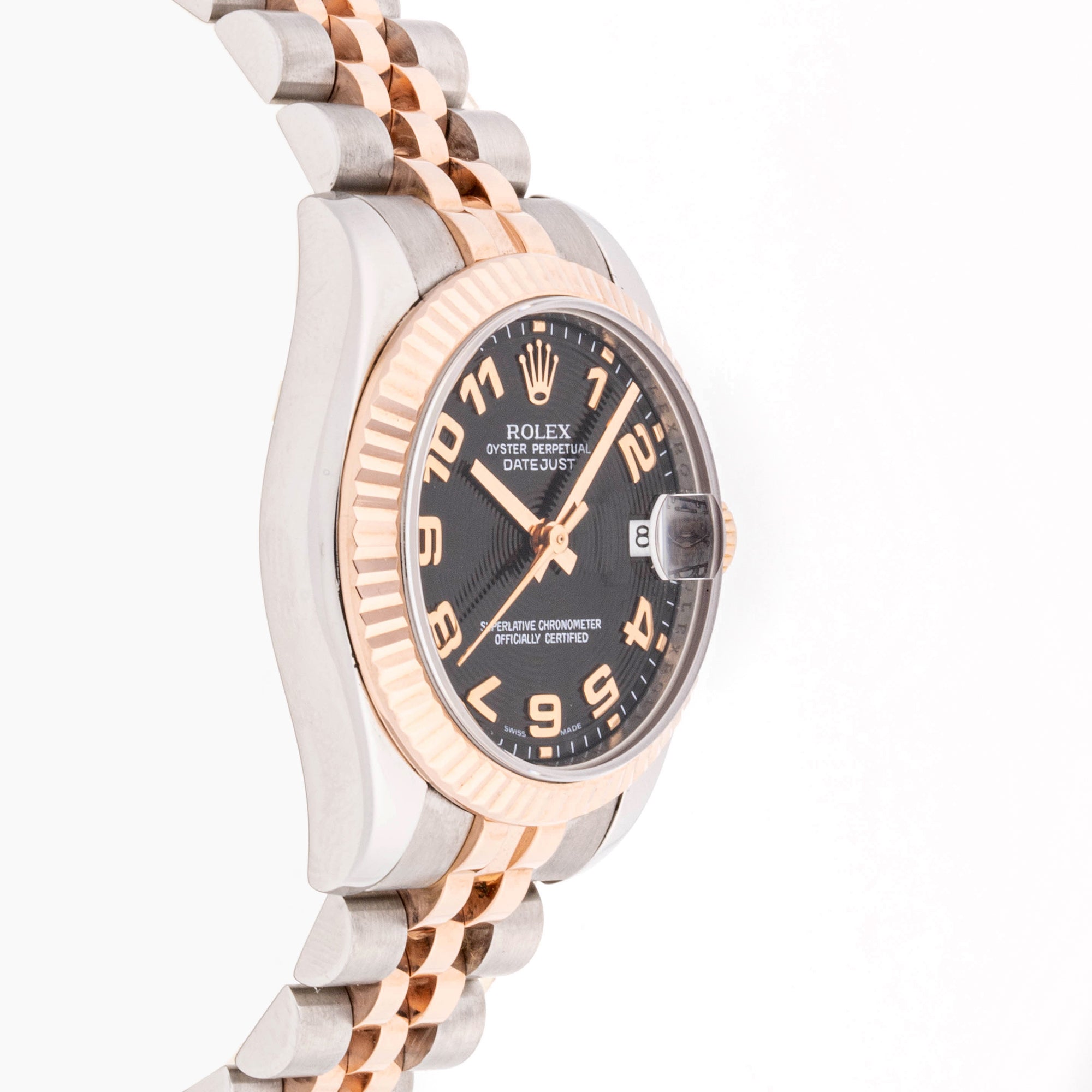 Rolex Datejust 31 mm Rose Gold & Stainless Steel 178271 Black Concentric Dial | Roman Numerals hour markers, Fluted bezel