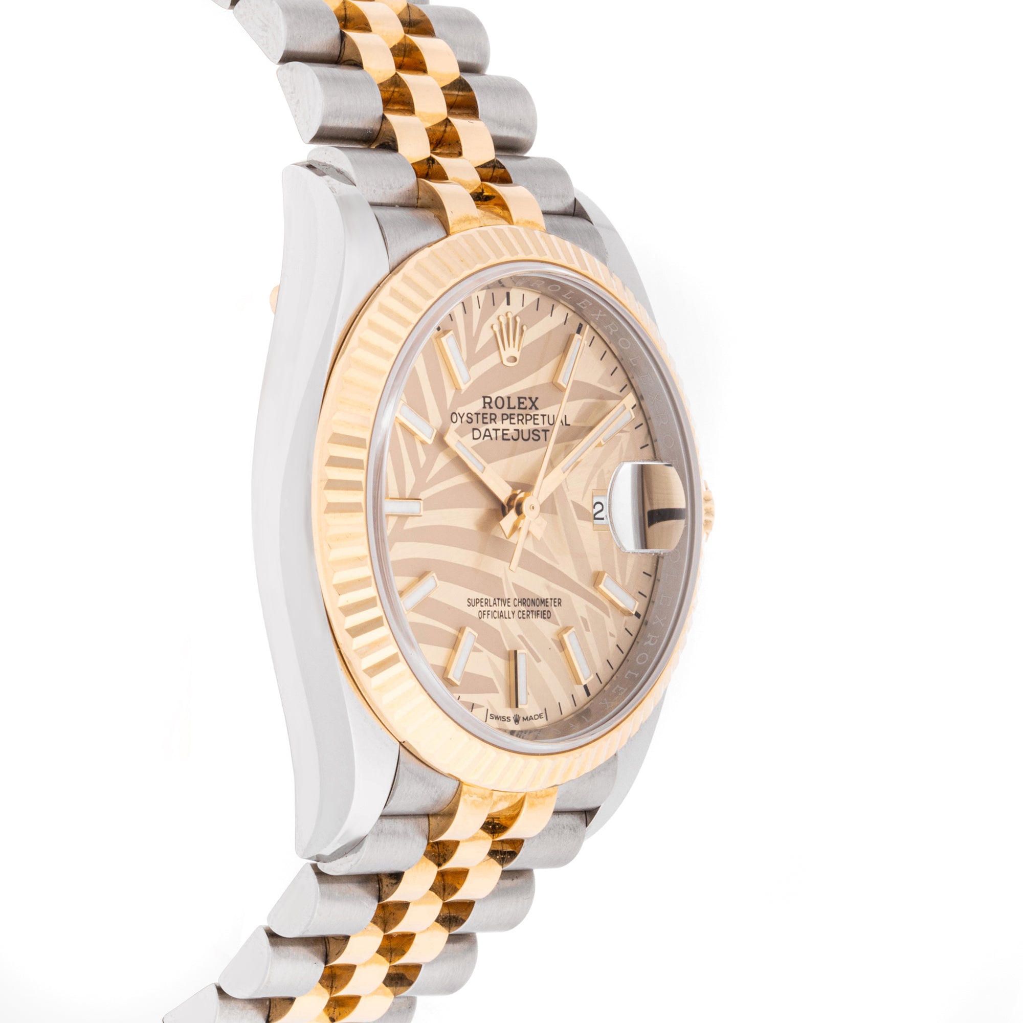 Rolex Datejust 36 mm Yellow Gold & Stainless Steel 126233 Champagne Palm Dial | Stick hour markers, Fluted bezel