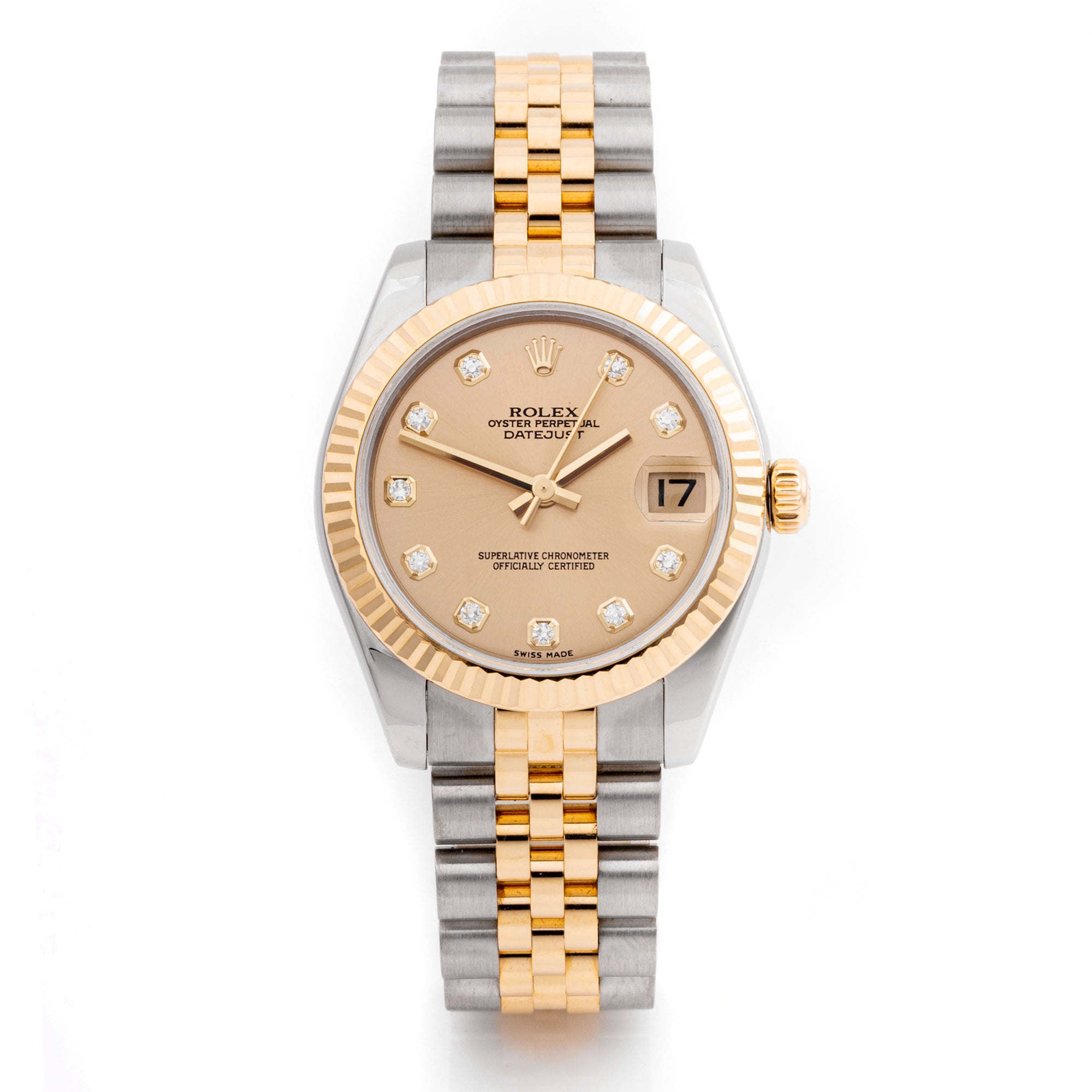 Rolex Datejust 31mm Stainless Steel & Yellow Gold 178273 Champagne  Dial | Diamond hour markers, Fluted bezel