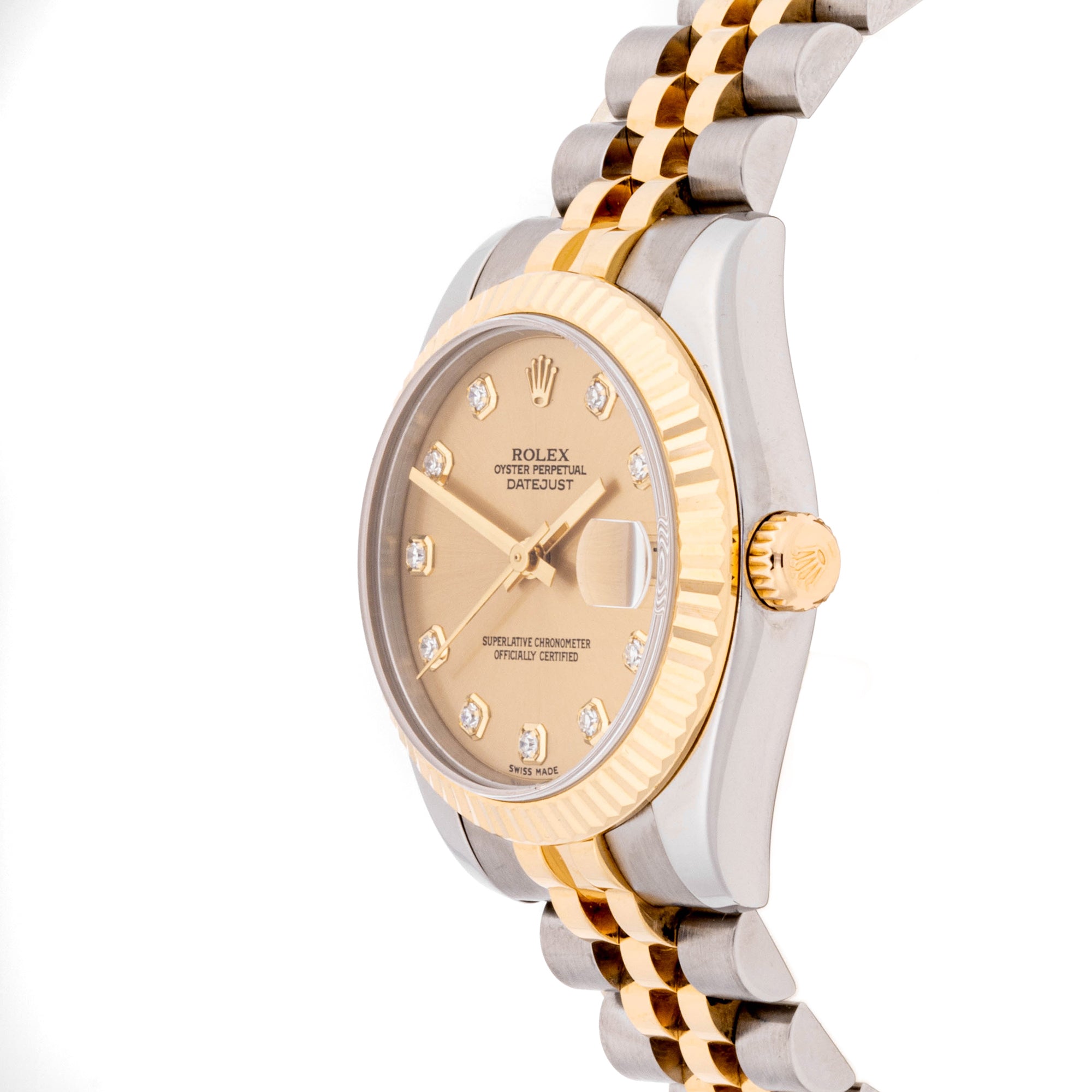 Rolex Datejust 31mm Stainless Steel & Yellow Gold 178273 Champagne  Dial | Diamond hour markers, Fluted bezel