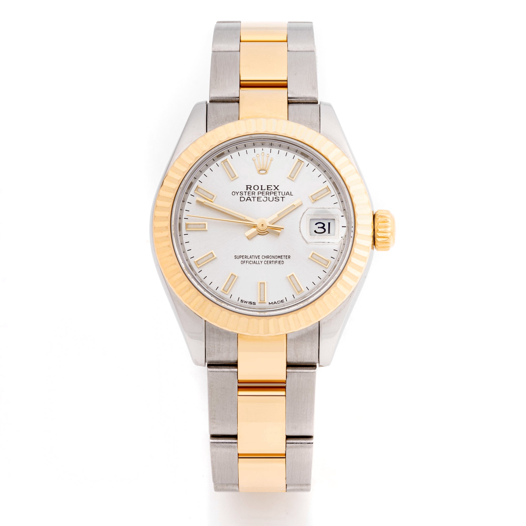 Rolex Lady-Datejust 28 mm Yellow Gold & Stainless Steel 279173 Silver Dial | Index hour markers, Fluted bezel