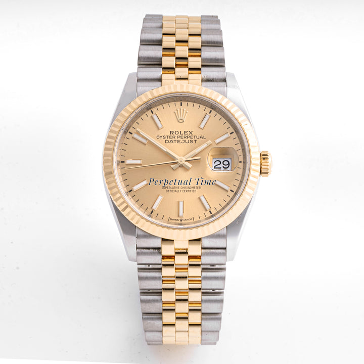 Rolex Datejust 36 mm Yellow Gold & Stainless Steel 126233 Champagne  Dial | Stick hour markers, Fluted bezel