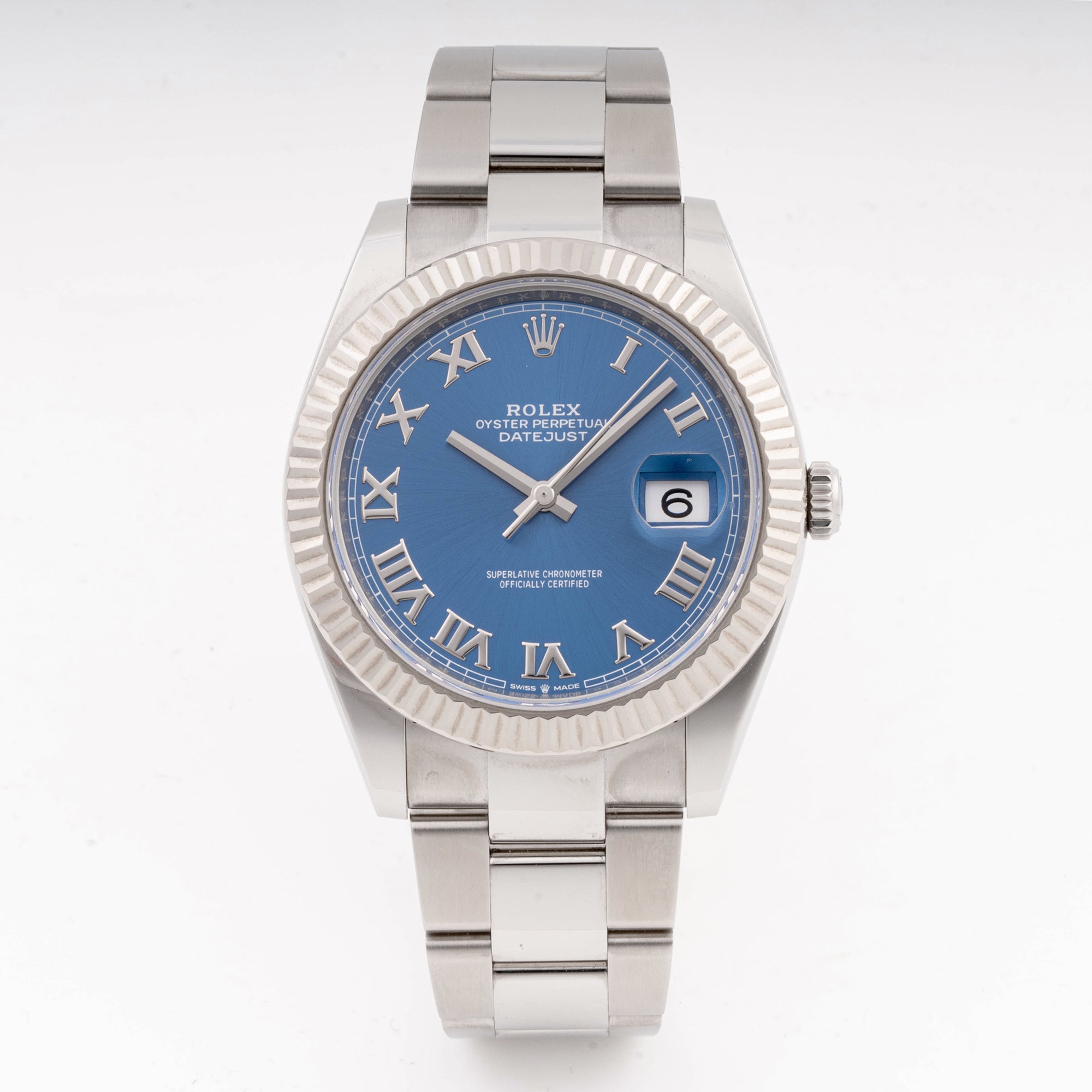 Rolex Datejust  41mm Stainless Steel & White Gold 126334 Blue  Dial | Roman Numerals hour markers, Fluted bezel