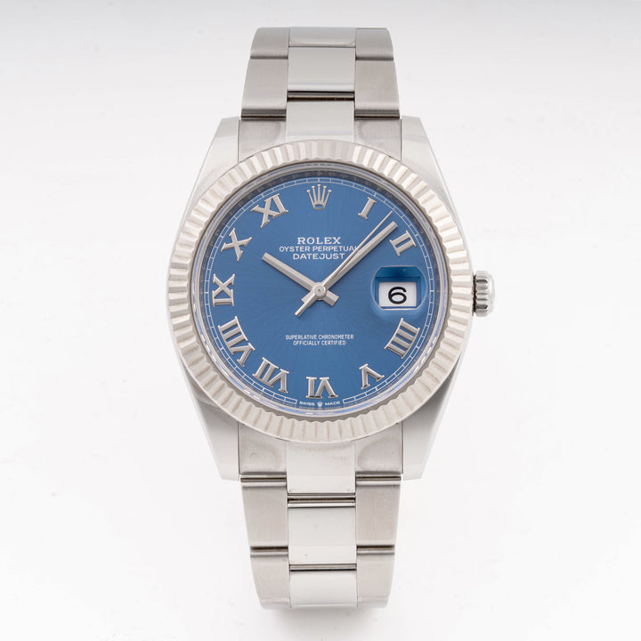 Rolex Datejust  41mm Stainless Steel & White Gold 126334 Blue  Dial | Roman Numerals hour markers, Fluted bezel