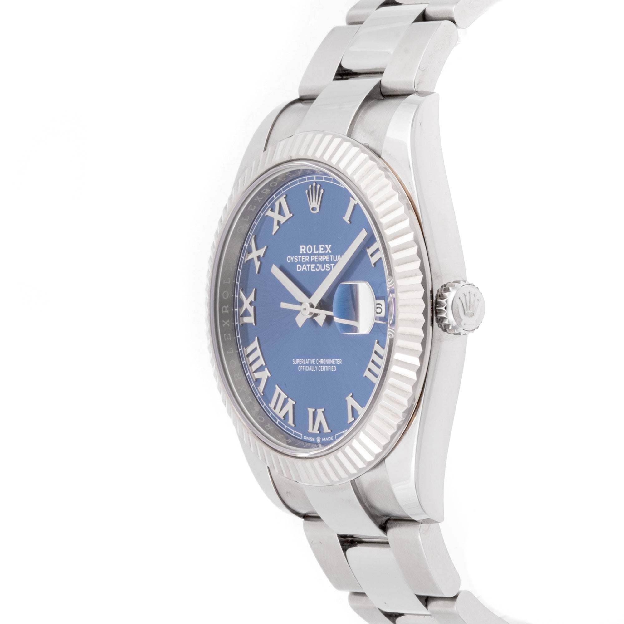 Rolex Datejust  41mm Stainless Steel & White Gold 126334 Blue  Dial | Roman Numerals hour markers, Fluted bezel