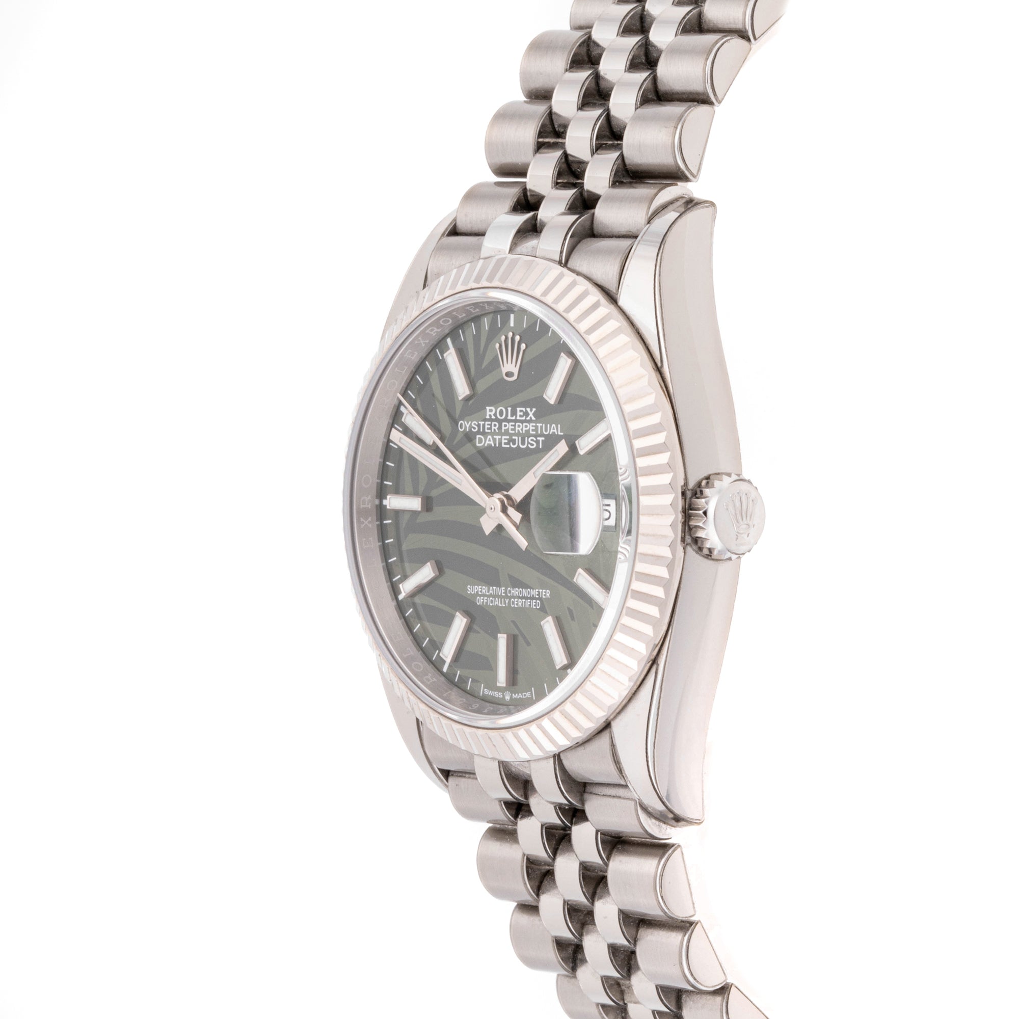 Rolex Datejust 36 mm White Gold & Stainless Steel 126234 Green Palm Dial | Index hour markers, Fluted bezel