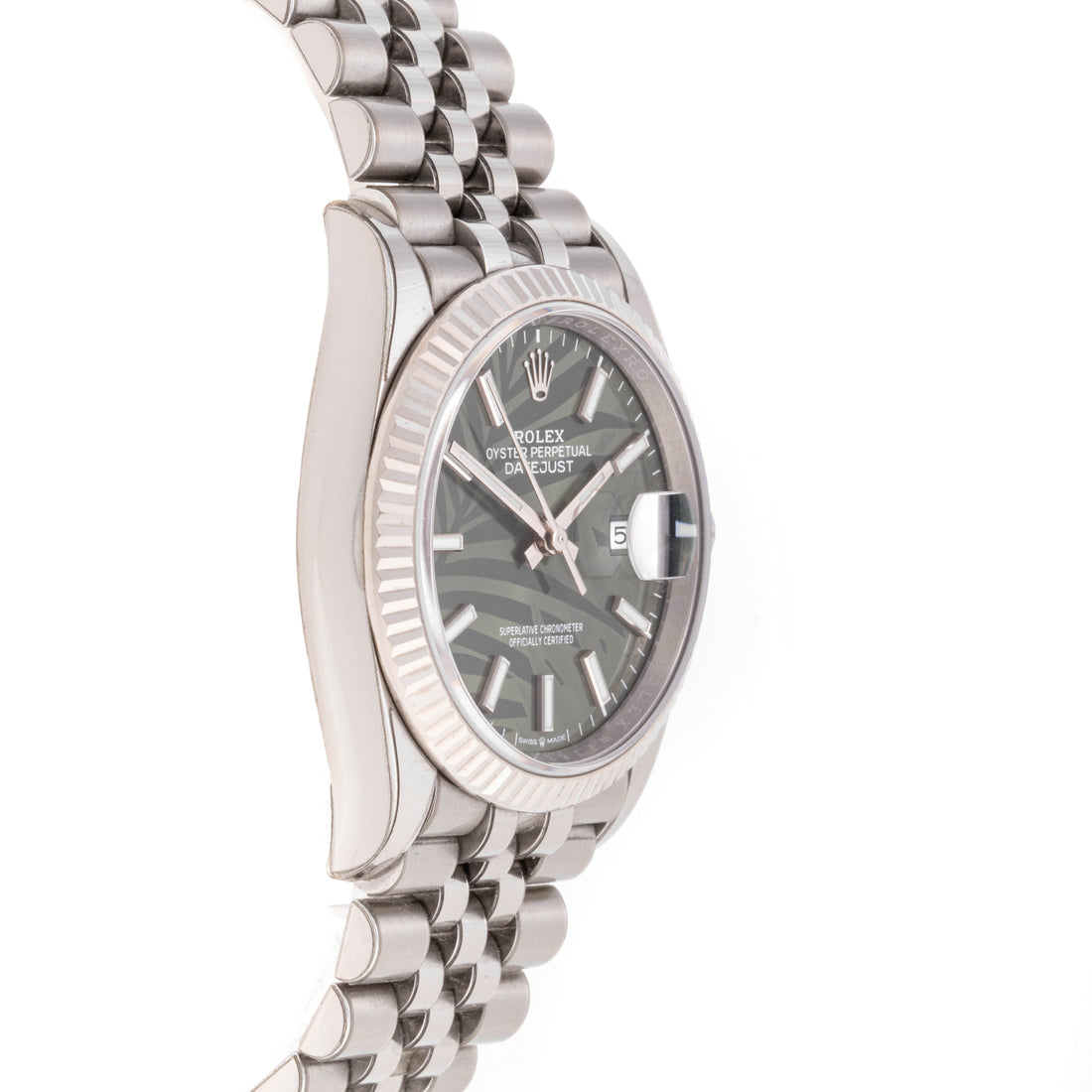 Rolex Datejust 36 mm White Gold & Stainless Steel 126234 Green Palm Dial | Index hour markers, Fluted bezel