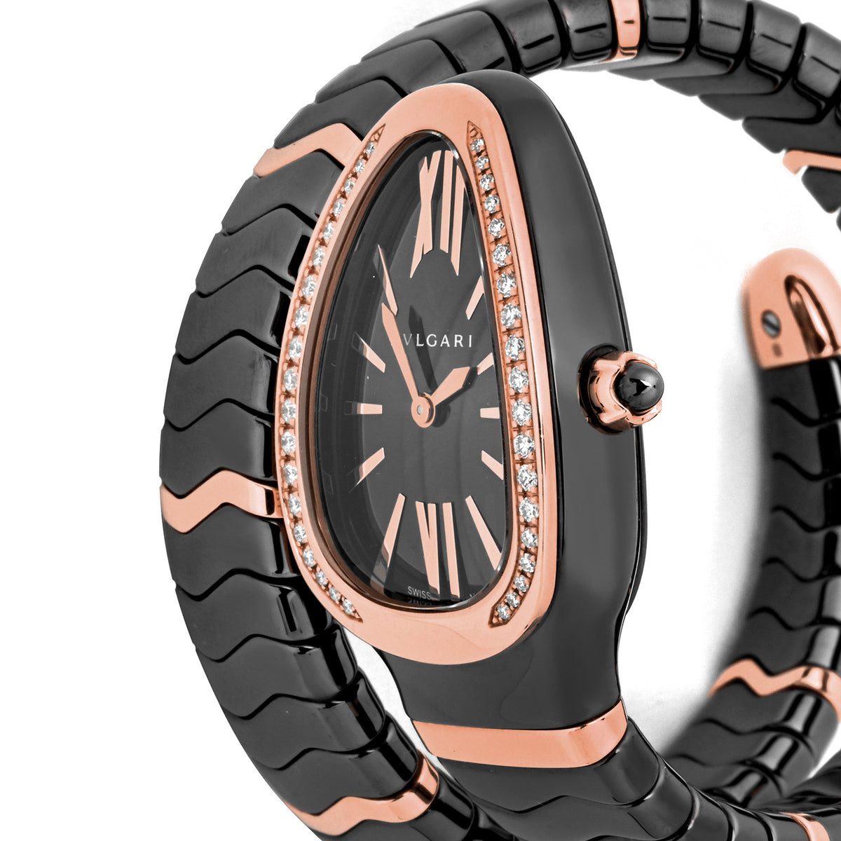 Bvlgari Serpenti Black Ceramic & Rose Gold Black Dial One Row SPC35BG