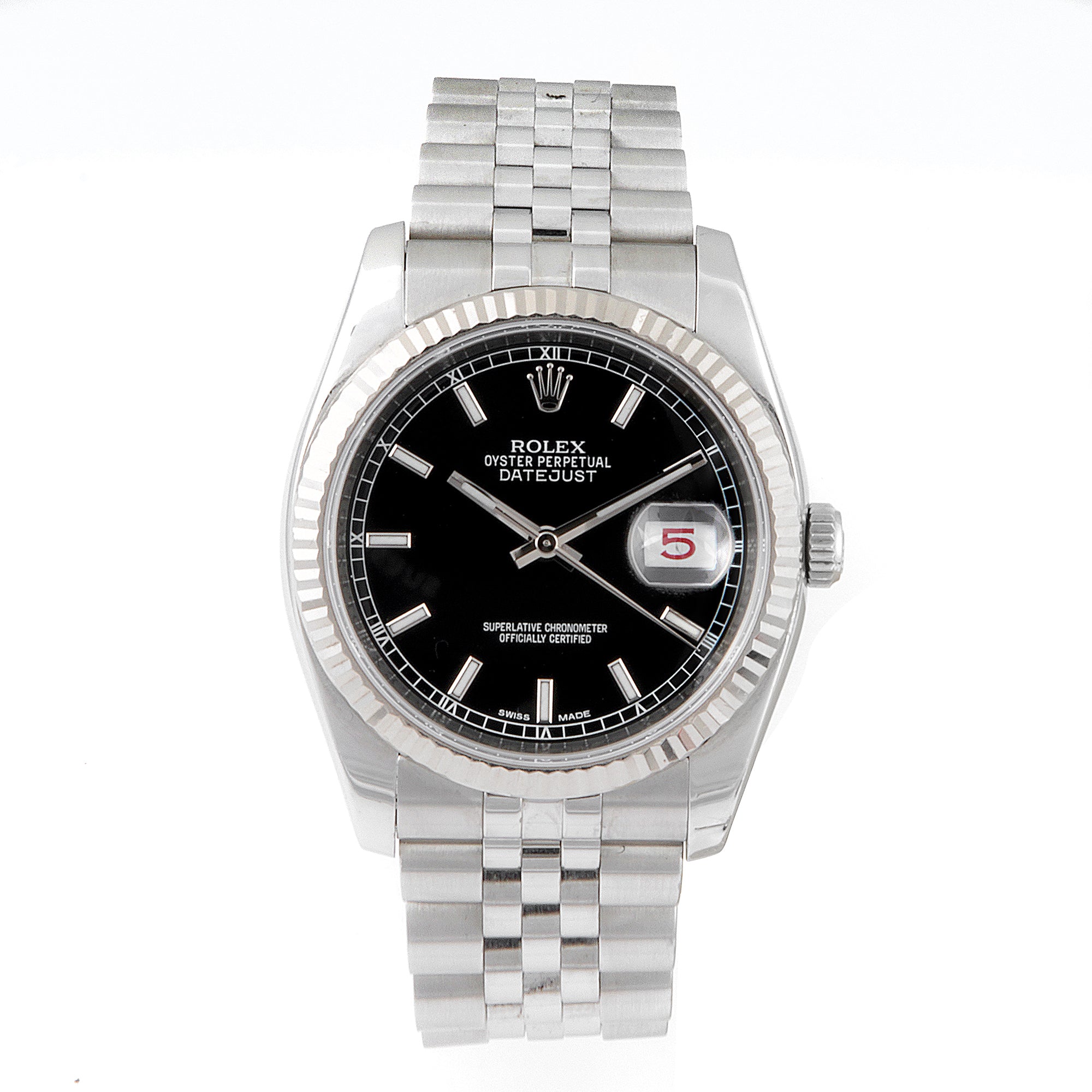 Rolex Datejust 36mm Stainless Steel & White Gold 116234 Black Dial | Index hour markers, Fluted bezel