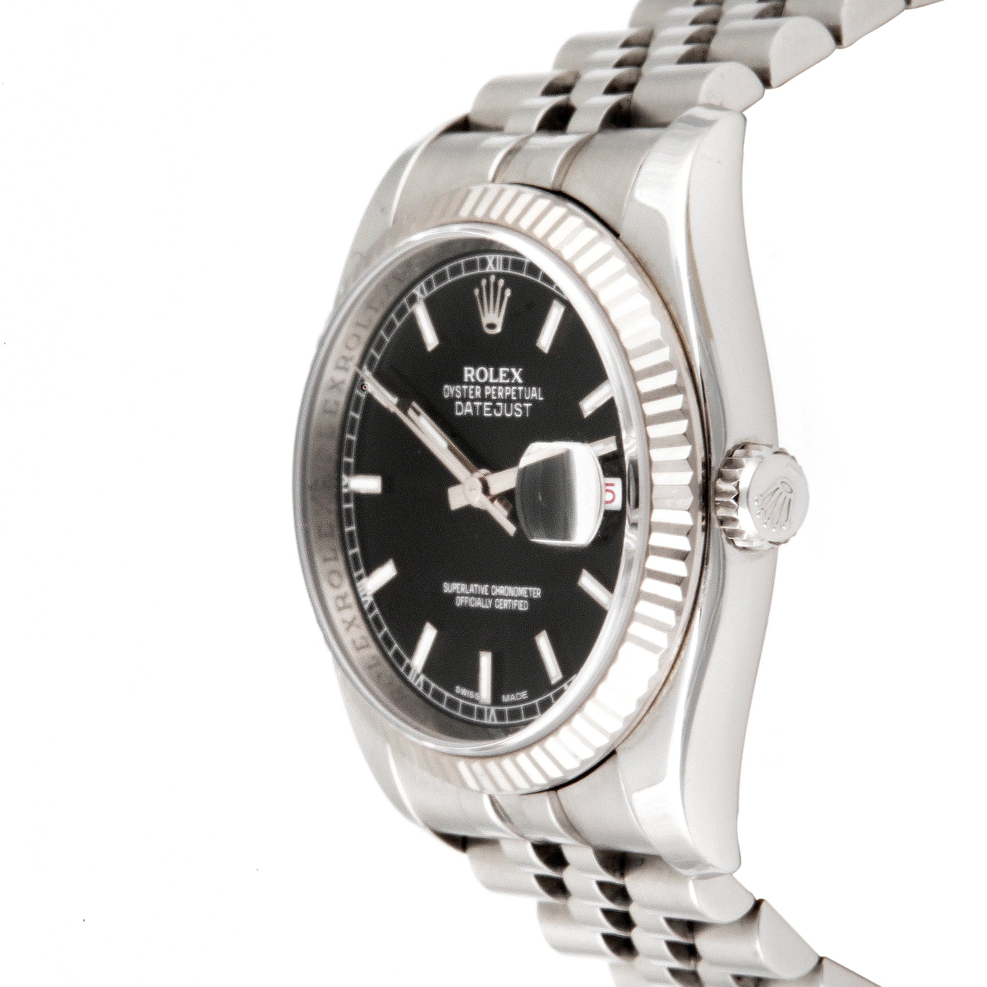 Rolex Datejust 36mm Stainless Steel & White Gold 116234 Black Dial | Index hour markers, Fluted bezel