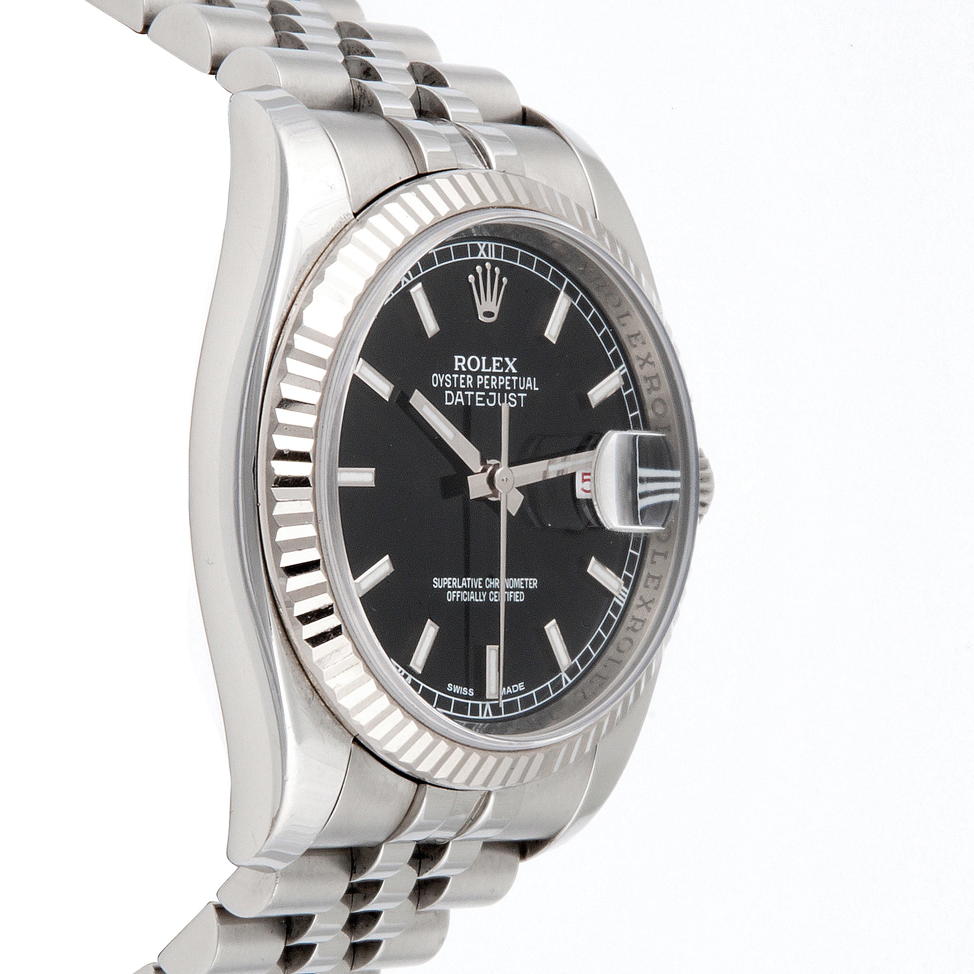 Rolex Datejust 36mm Stainless Steel & White Gold 116234 Black Dial | Index hour markers, Fluted bezel