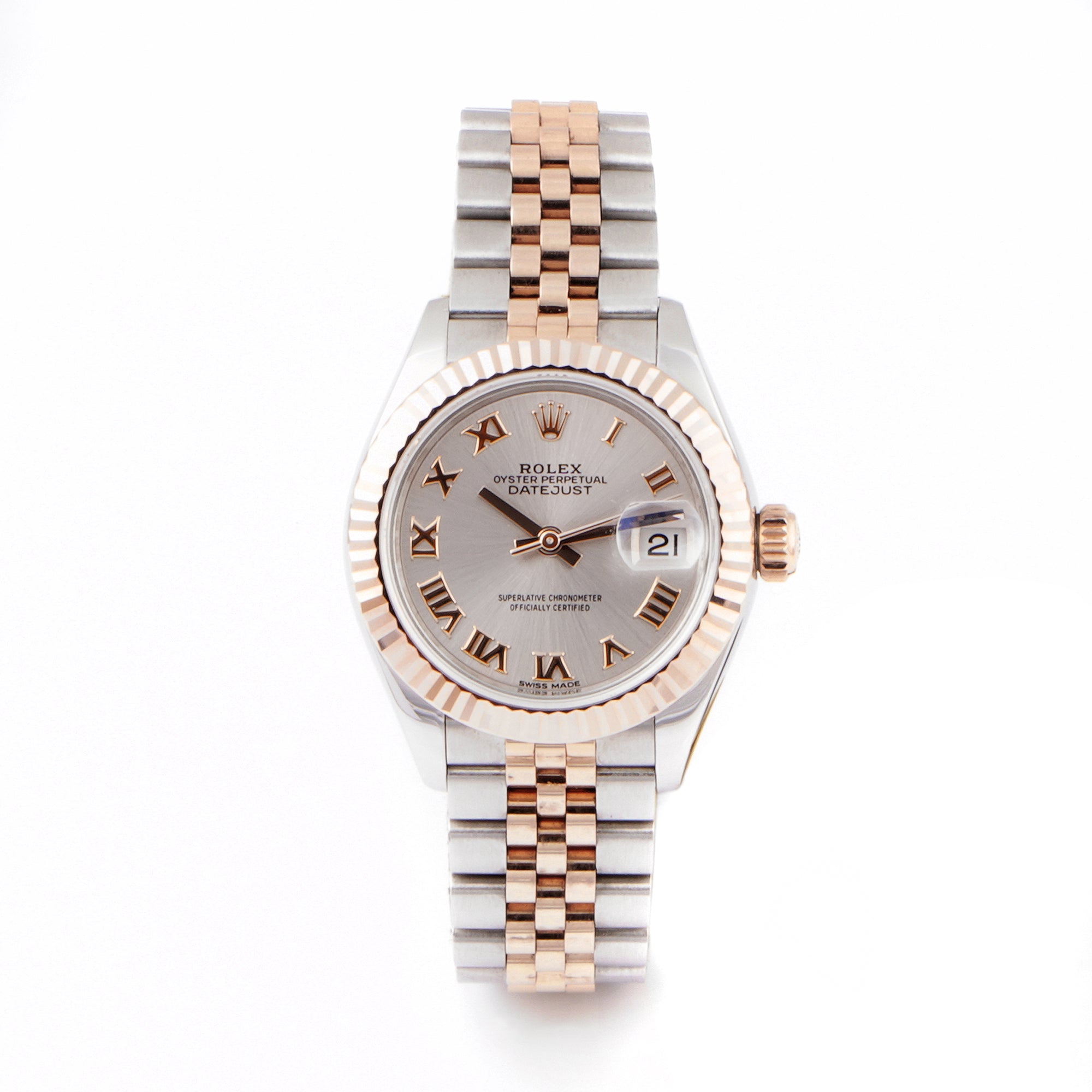 Rolex Lady-Datejust 28mm Stainless Steel & Rose Gold 279171 Slate Dial | Roman Numerals hour markers, Fluted bezel